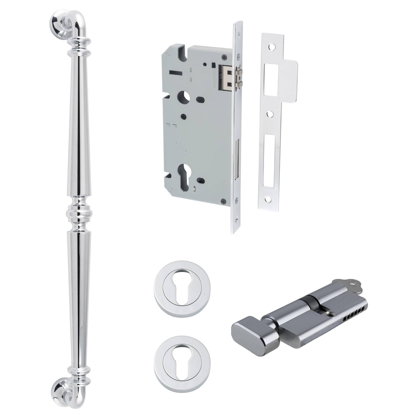 Sarlat Pull Handle 450mm Entrance Kit w Separate High Security Lock Polished Chrome