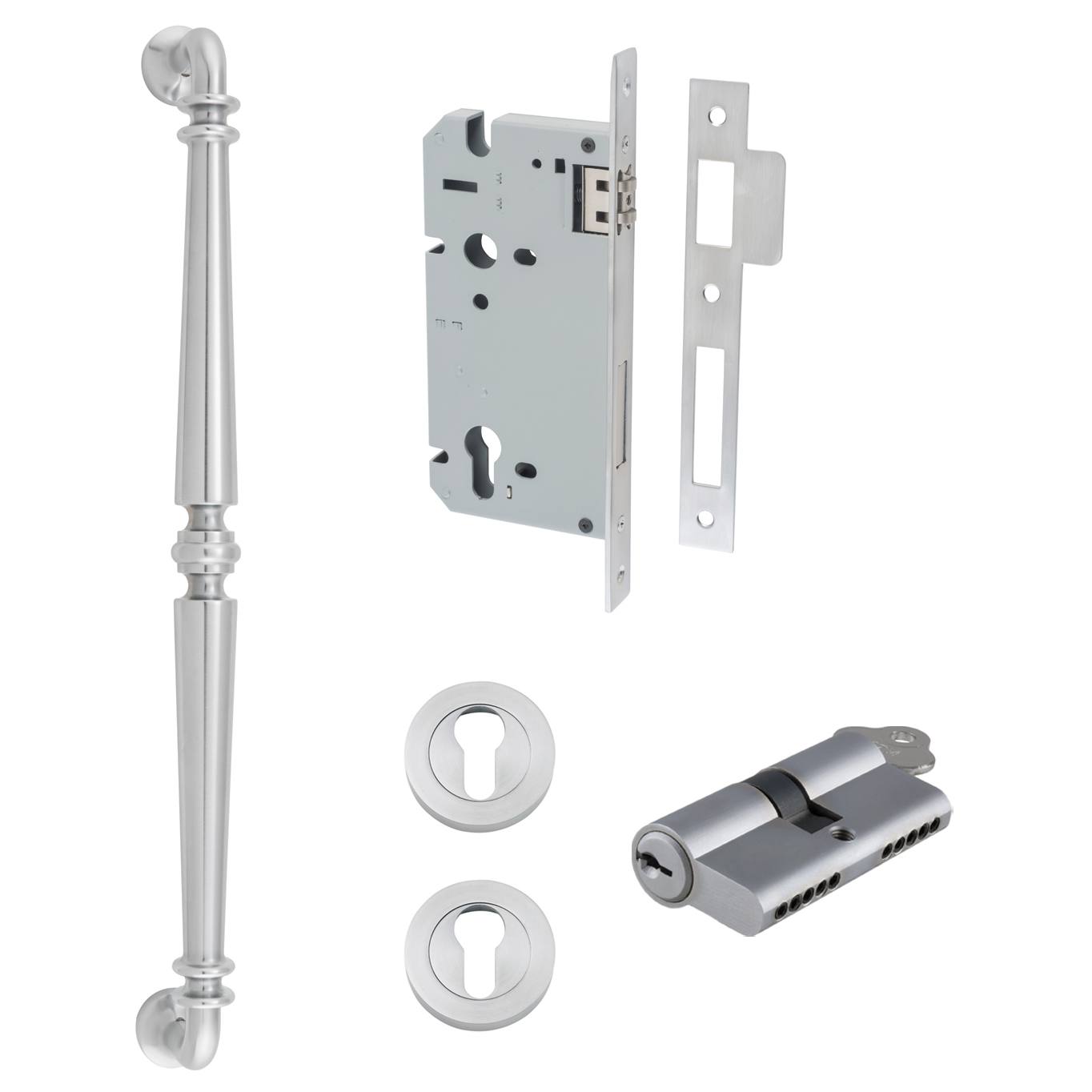 Sarlat Pull Handle 450mm Entrance Kit w Separate High Security Lock Brushed Chrome