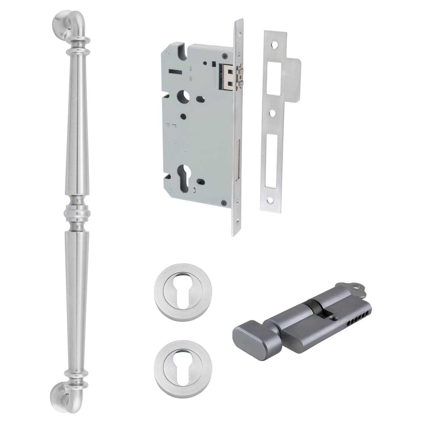 Sarlat Pull Handle 450mm Entrance Kit w Separate High Security Lock Brushed Chrome