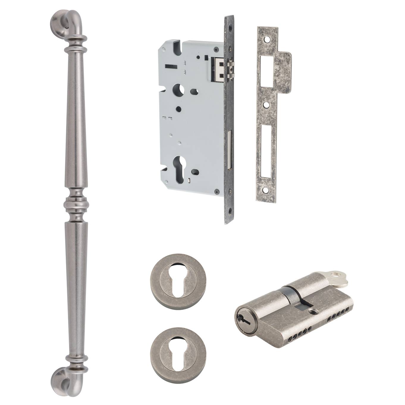 Sarlat Pull Handle 450mm Entrance Kit w Separate High Security Lock Distressed Nickel