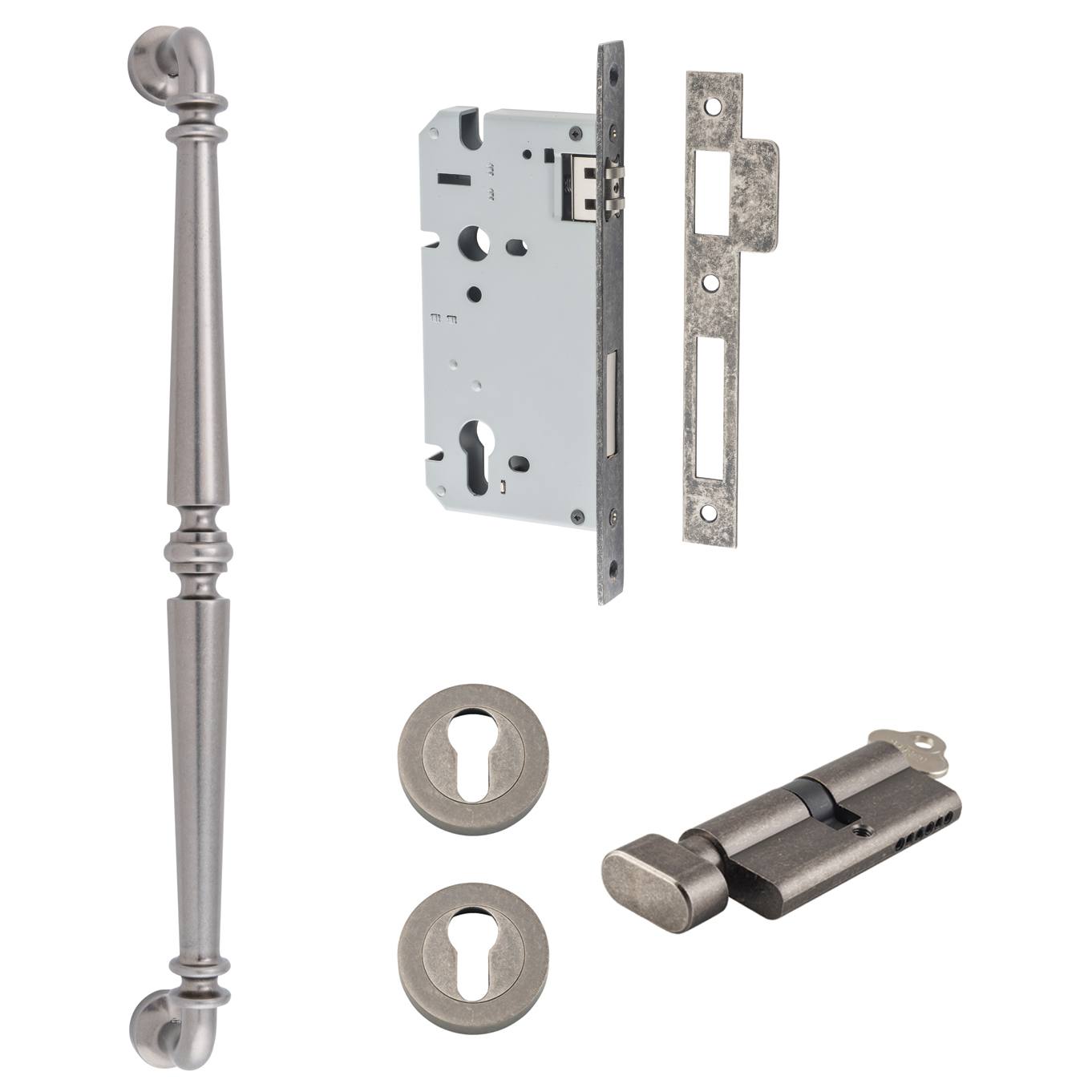 Sarlat Pull Handle 450mm Entrance Kit w Separate High Security Lock Distressed Nickel