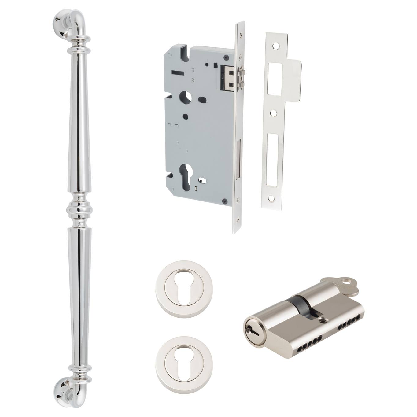 Sarlat Pull Handle 450mm Entrance Kit w Separate High Security Lock Polished Nickel