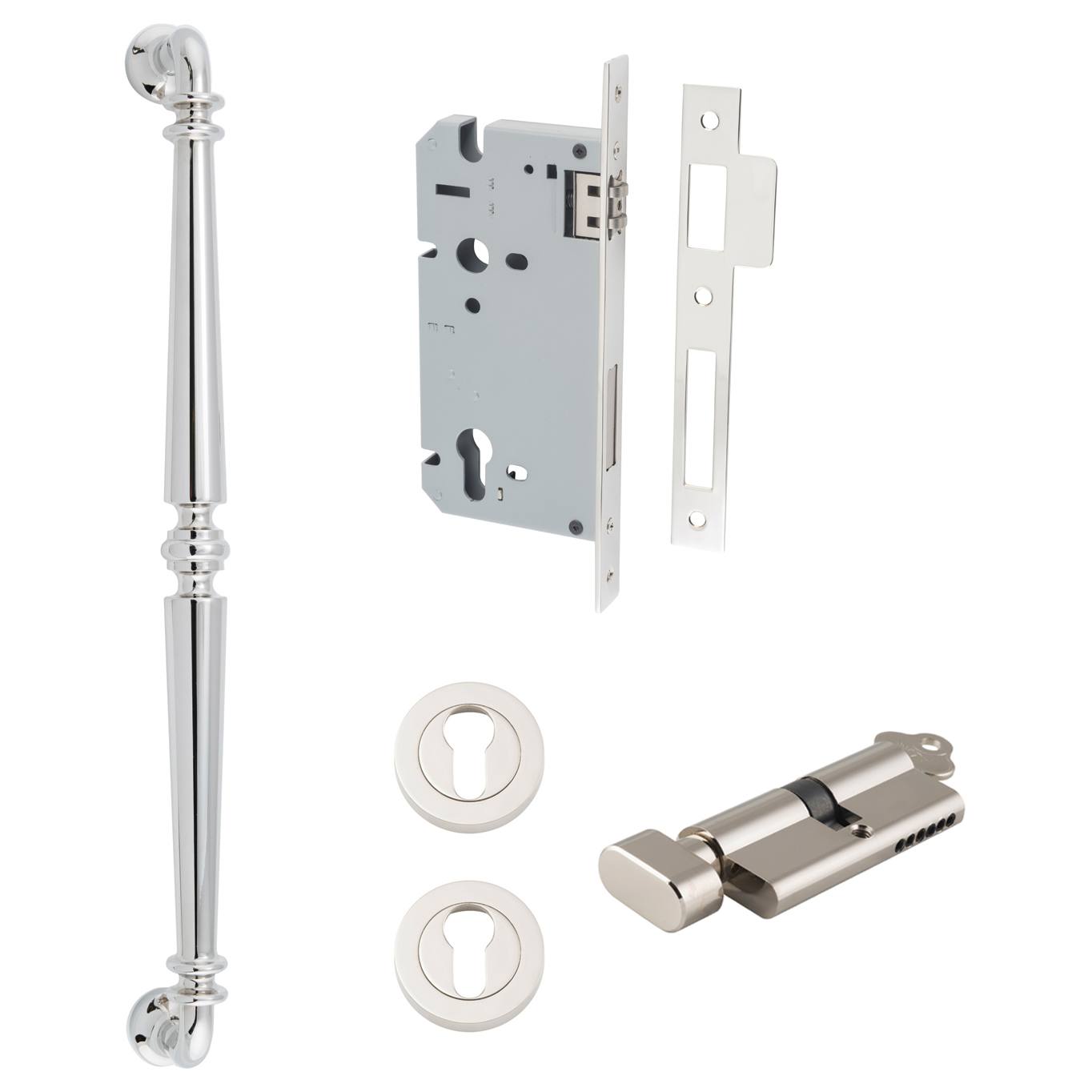 Sarlat Pull Handle 450mm Entrance Kit w Separate High Security Lock Polished Nickel