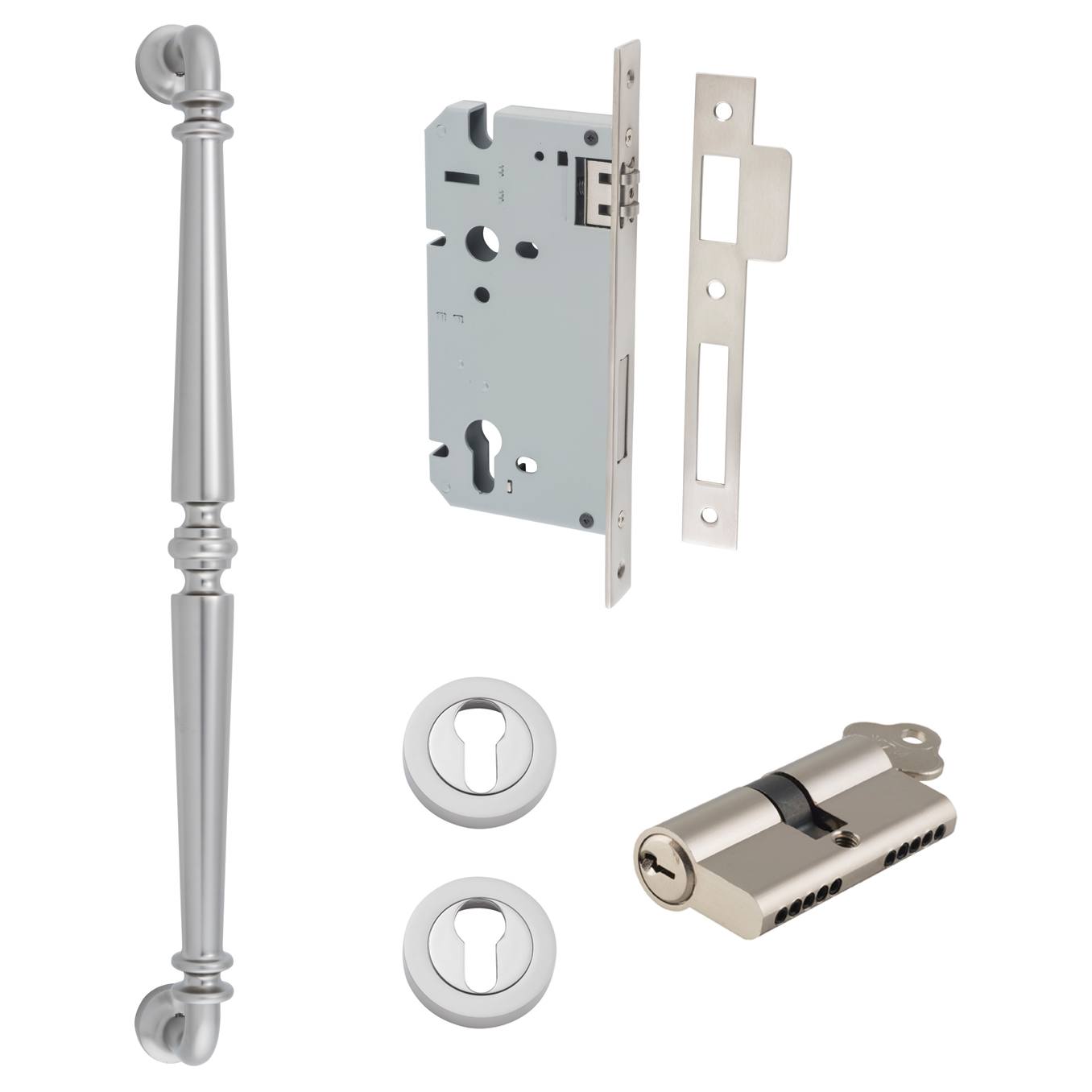 Sarlat Pull Handle 450mm Entrance Kit w Separate High Security Lock Satin Nickel