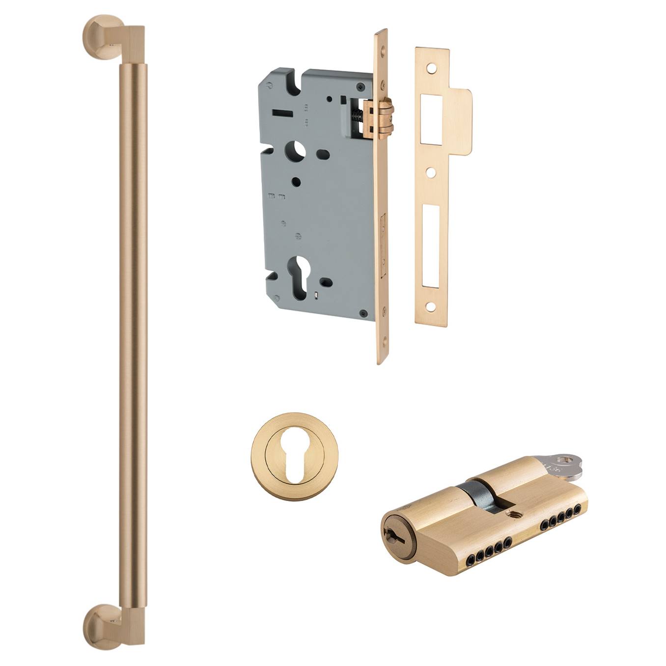 Berlin Pull Handle 450mm Entrance Kit w Separate High Security Lock Brushed Brass