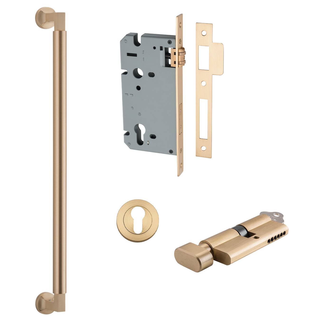 Berlin Pull Handle 450mm Entrance Kit w Separate High Security Lock Brushed Brass