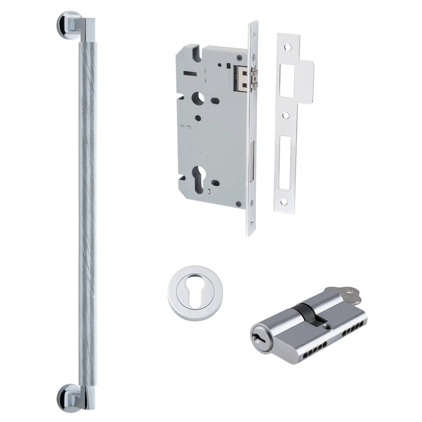 Brunswick Pull Handle 450mm Entrance Kit w Separate High Security Lock Polished Chrome