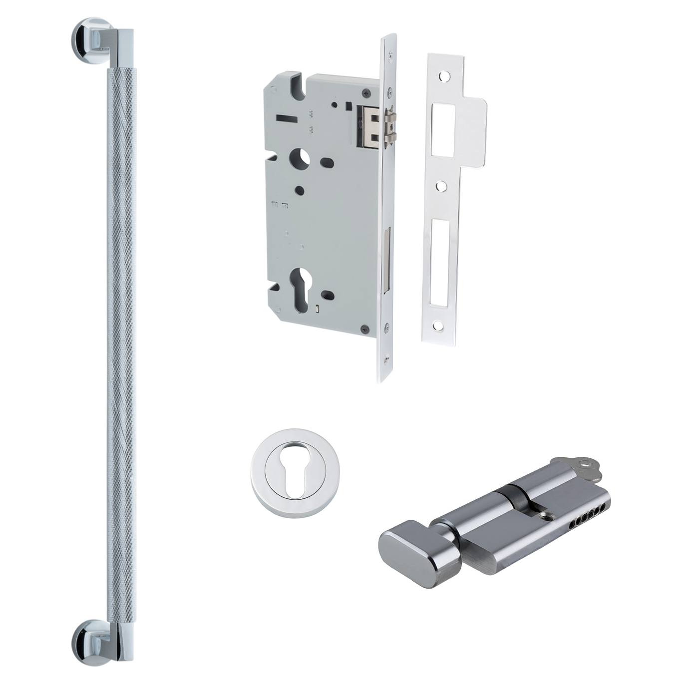Brunswick Pull Handle 450mm Entrance Kit w Separate High Security Lock Polished Chrome