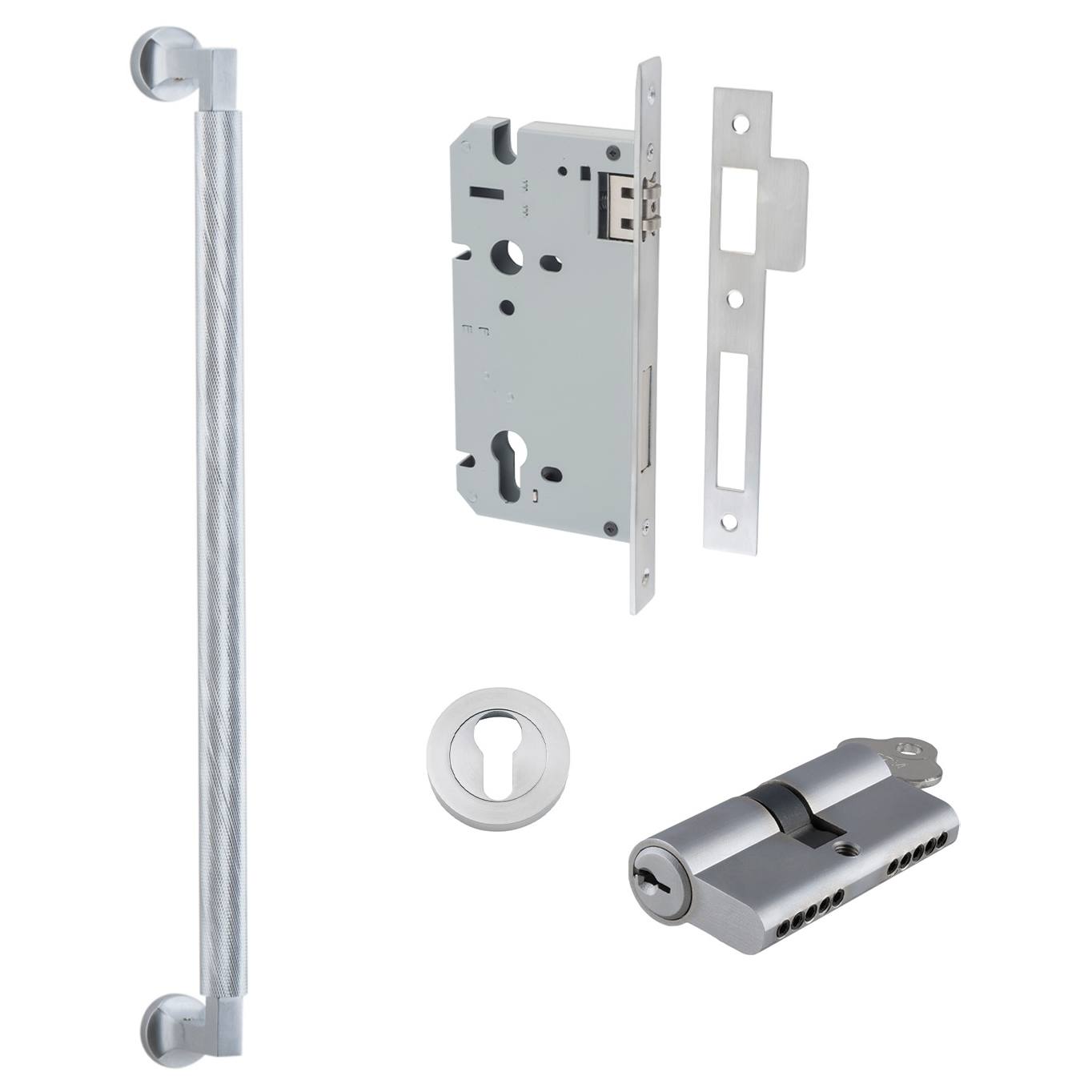 Brunswick Pull Handle 450mm Entrance Kit w Separate High Security Lock Brushed Chrome