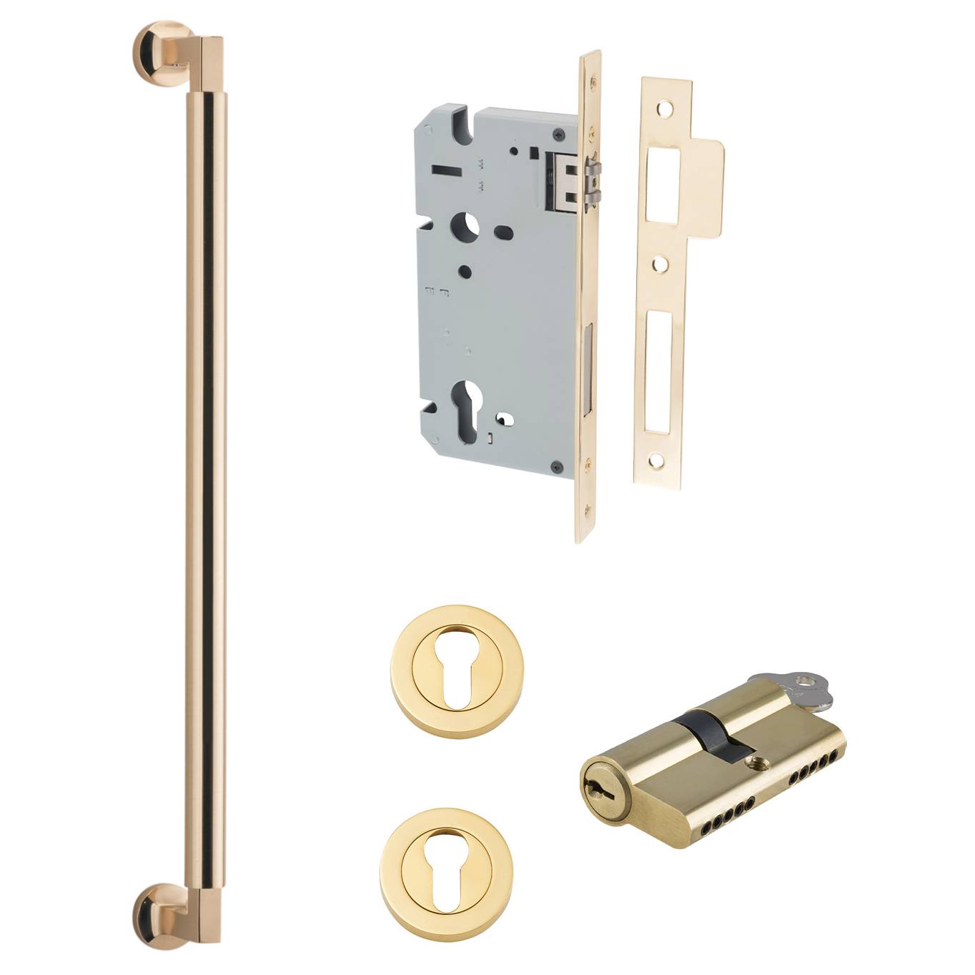 Berlin Pull Handle 450mm Entrance Kit w Separate High Security Lock Polished Brass