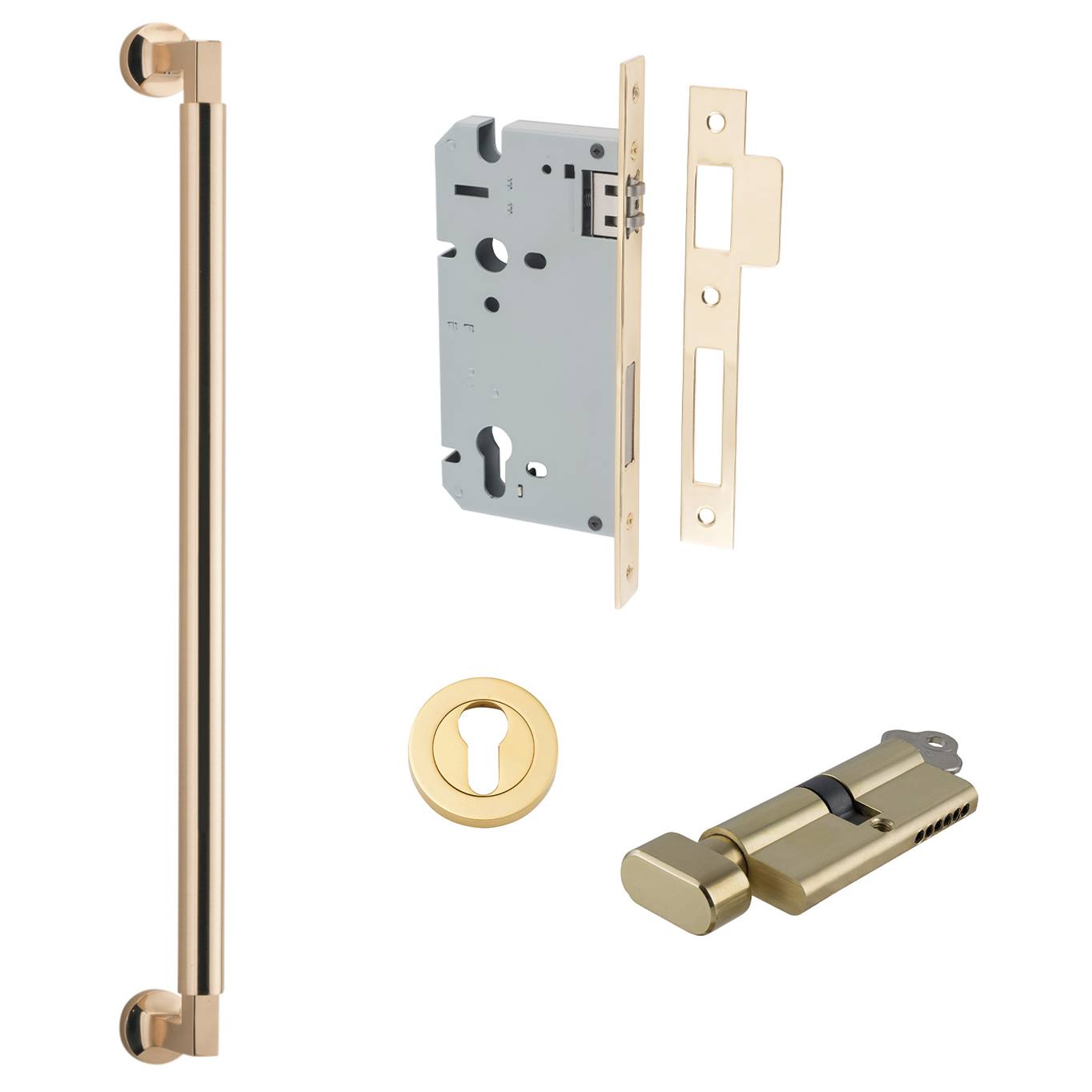 Berlin Pull Handle 450mm Entrance Kit w Separate High Security Lock Polished Brass