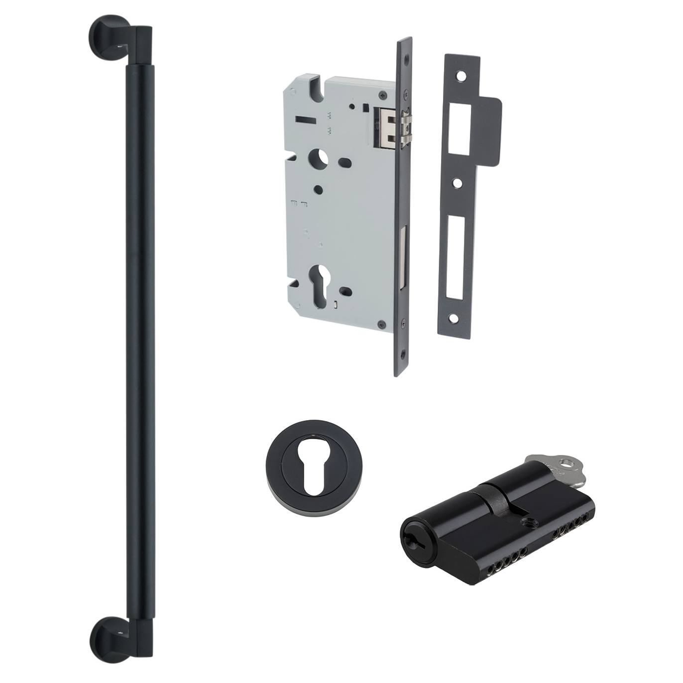 Berlin Pull Handle 450mm Entrance Kit w Separate High Security Lock Matt Black
