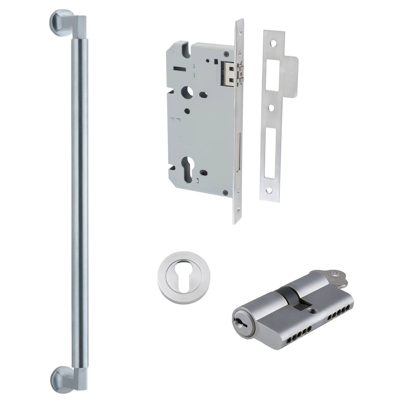 Berlin Pull Handle 450mm Entrance Kit w Separate High Security Lock Brushed Chrome