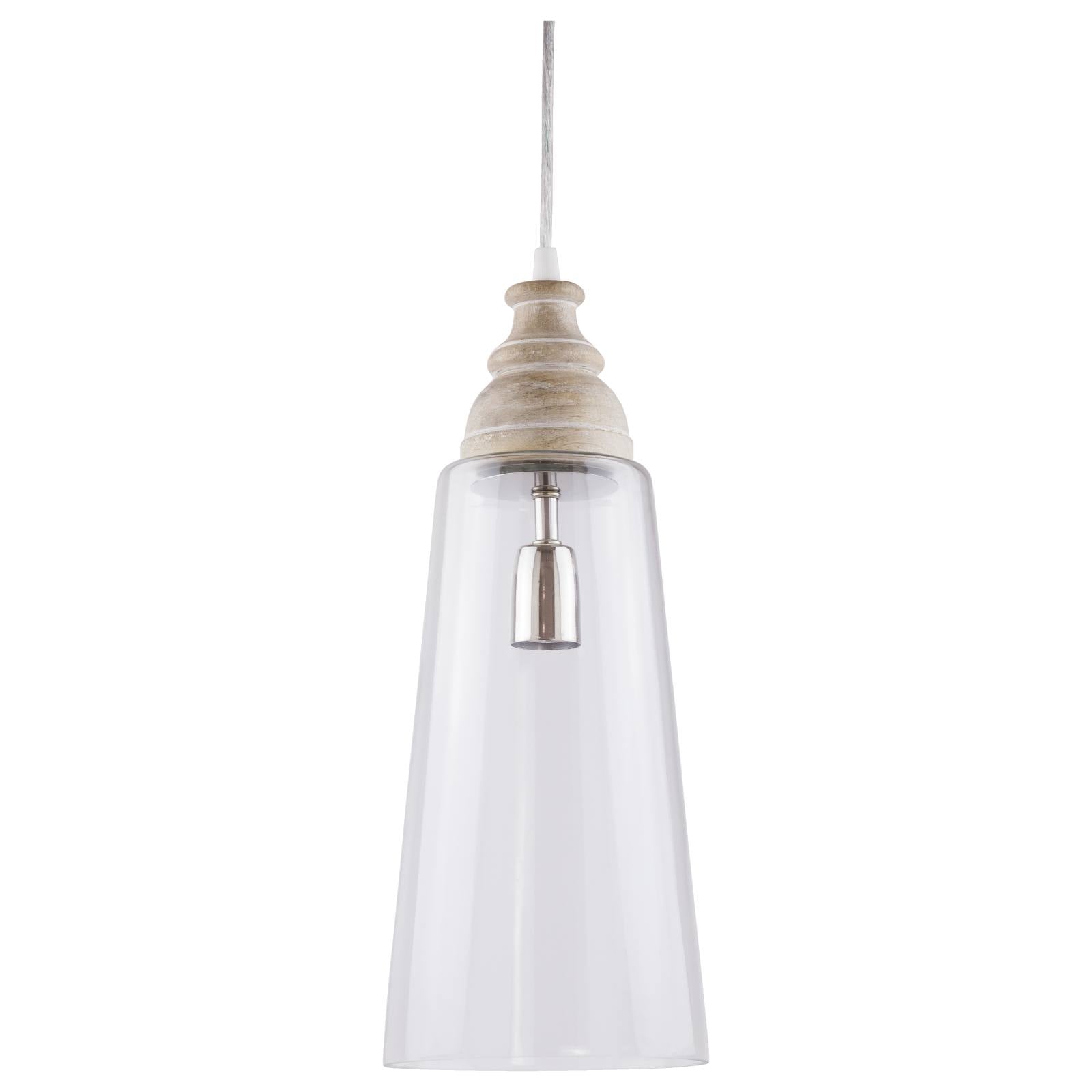 Holstein  Clear Glass & Wood Pendant Light, White Wash Timber