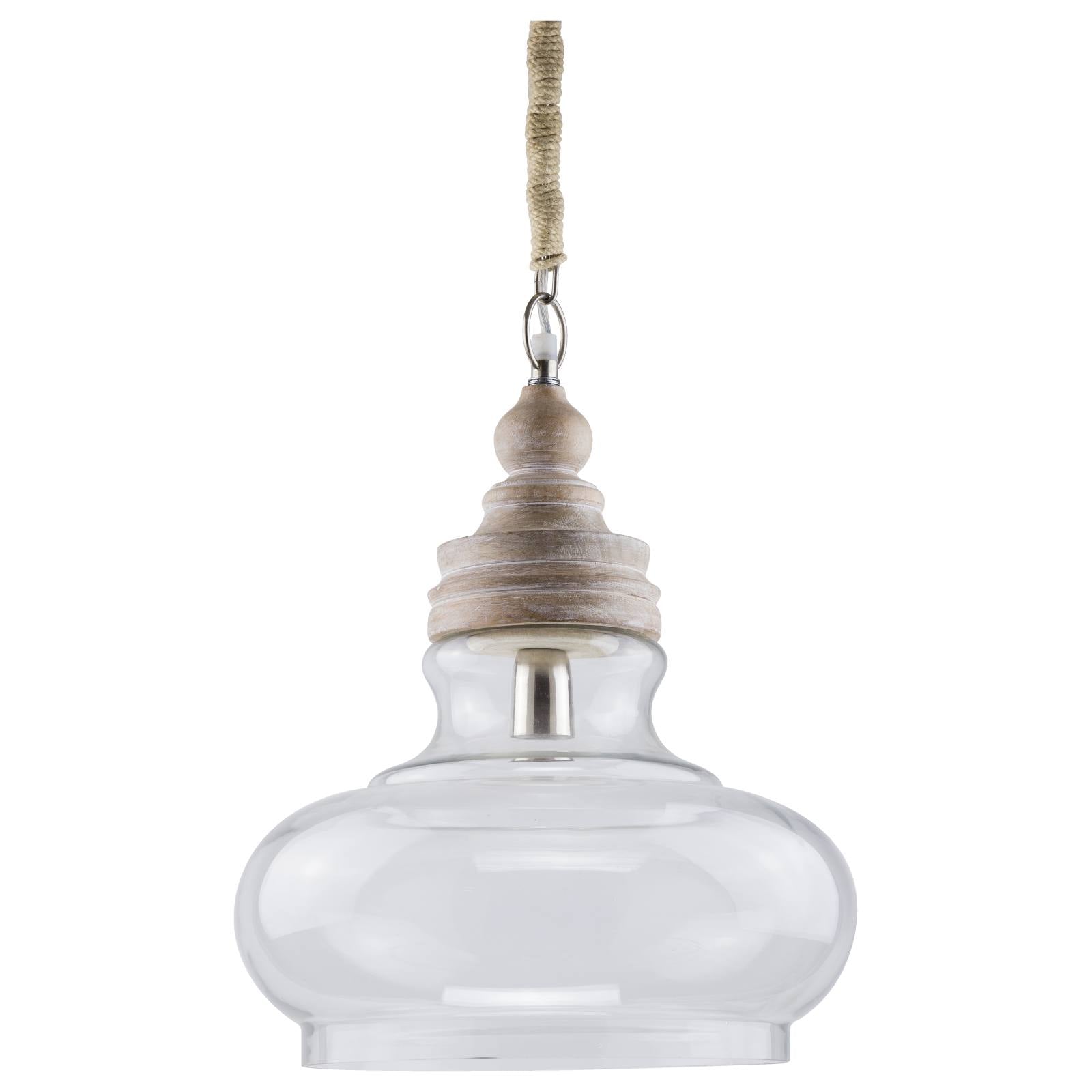 Franz  Clear Glass & Wood Pendant Light, White Washed