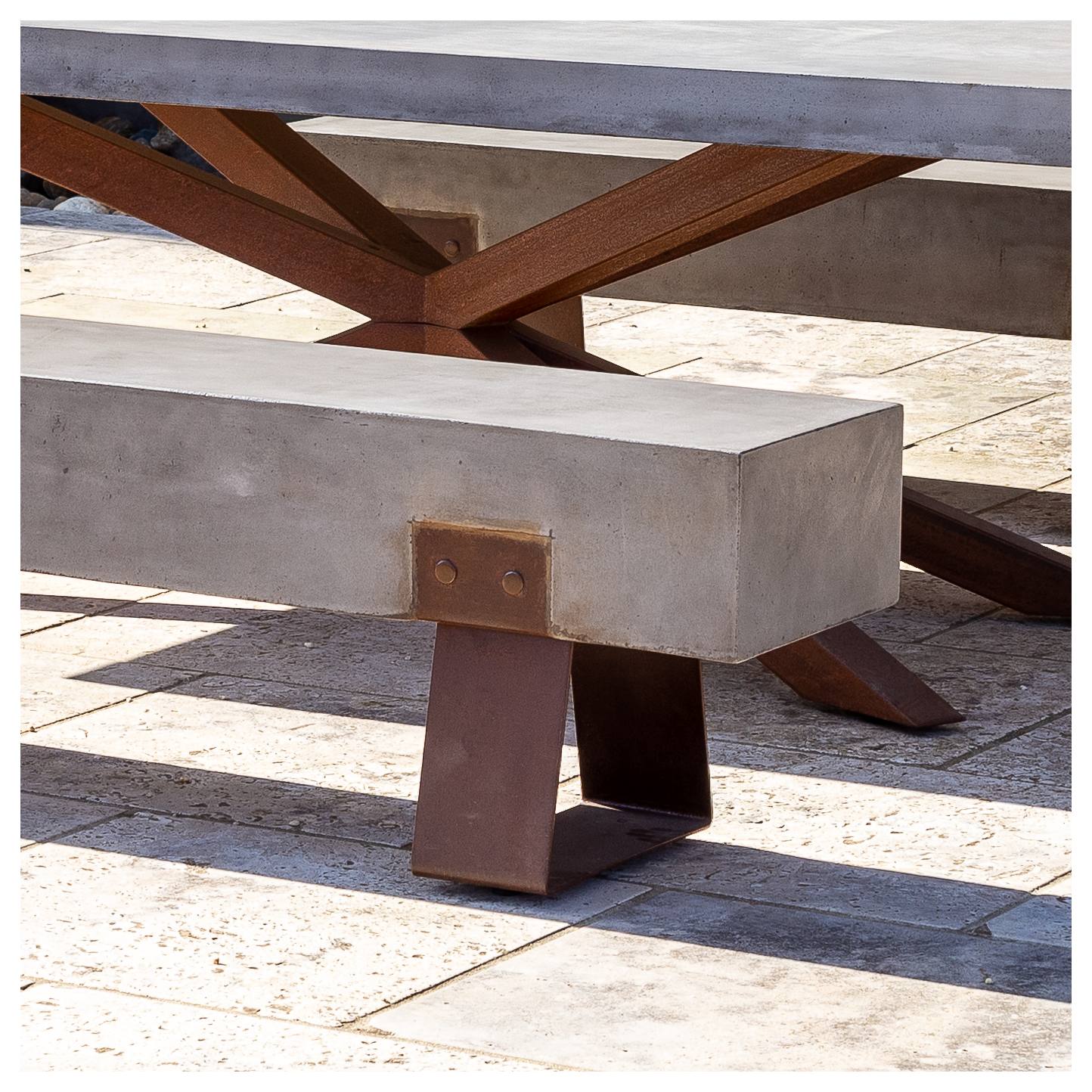 Vault 220cm Concrete Bench, Dark Grey & Rust Legs