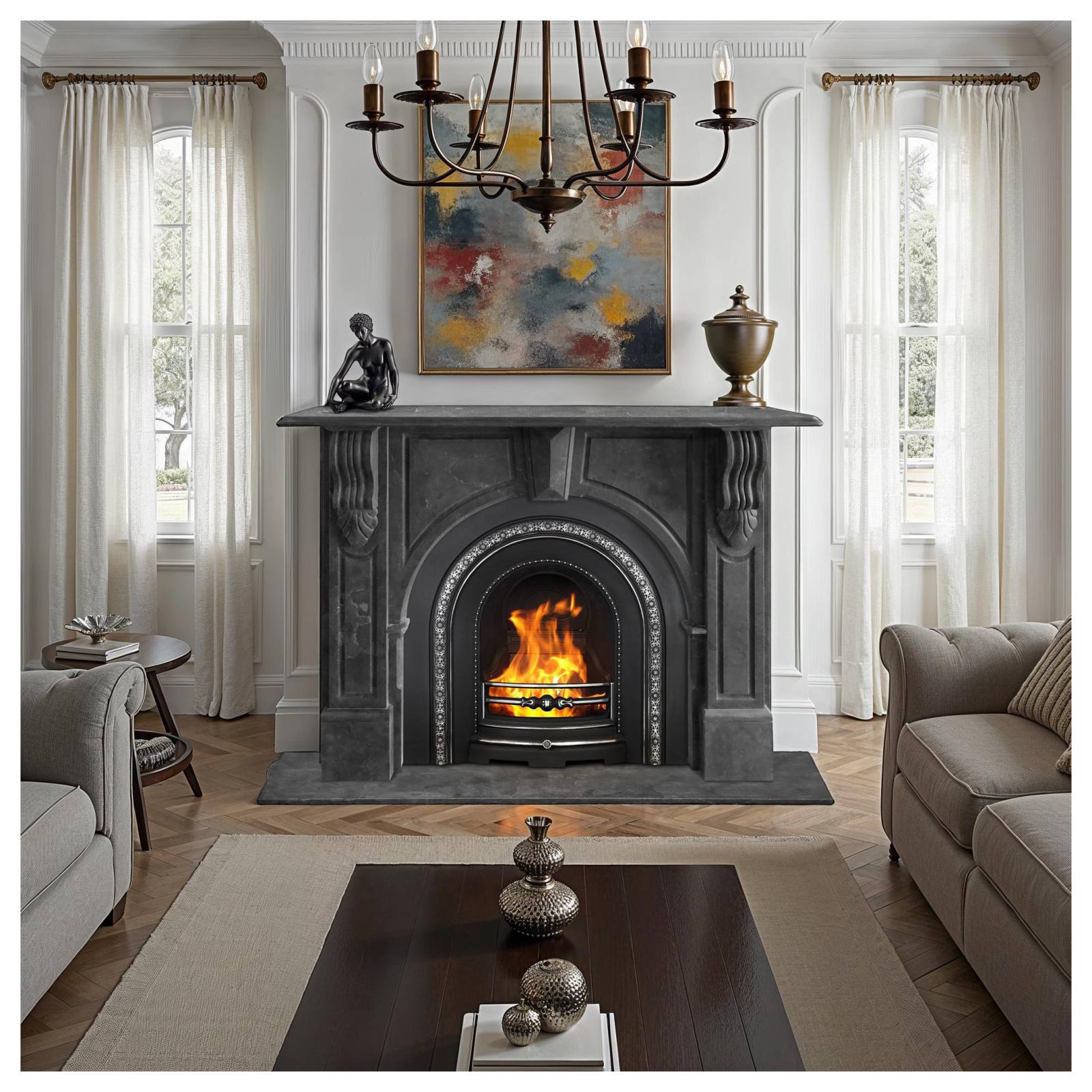 Evandale Arched Limestone Mantel, Belgium Black Limestone