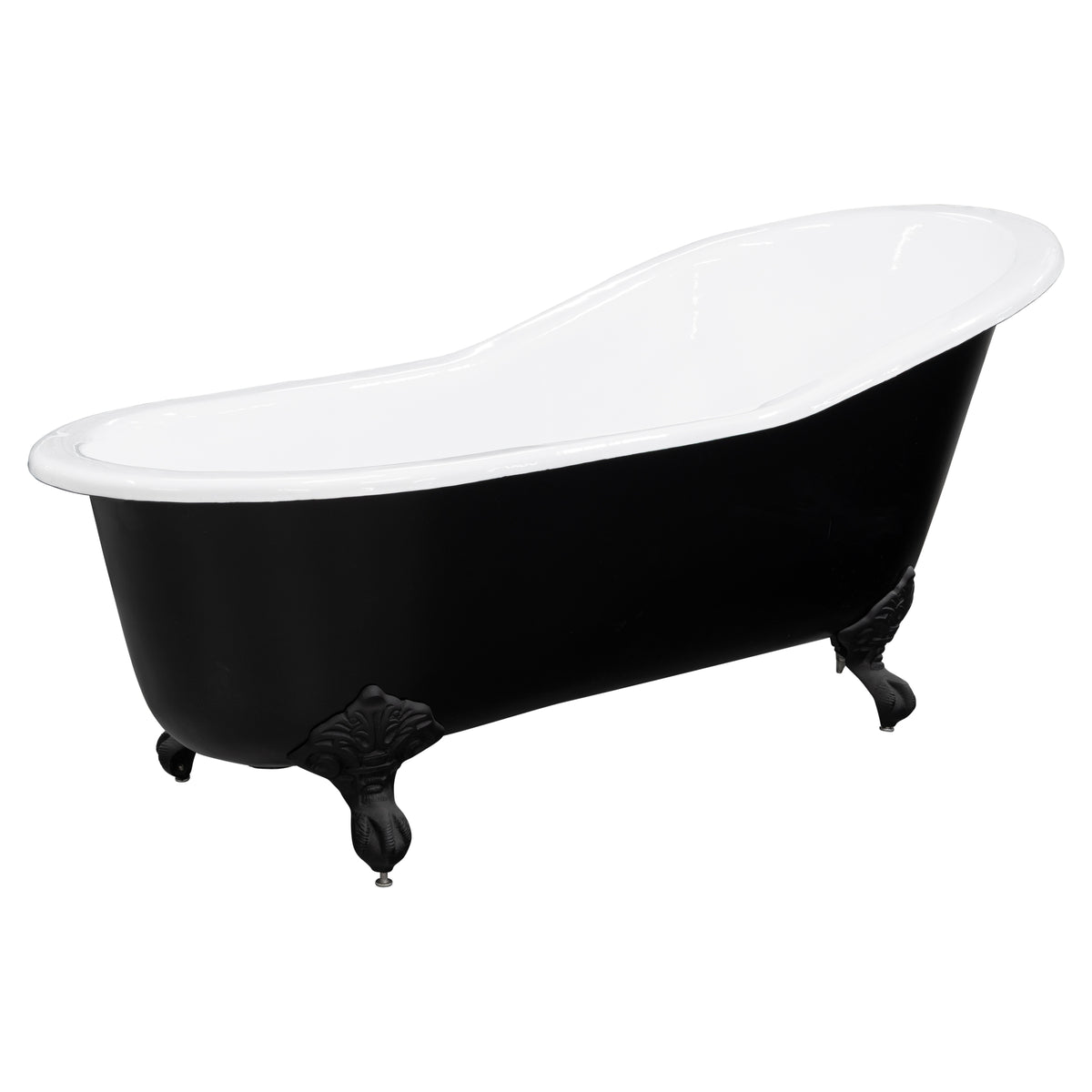170cm Single End Slipper Cast Iron Bath w Feet, Matte Black & White