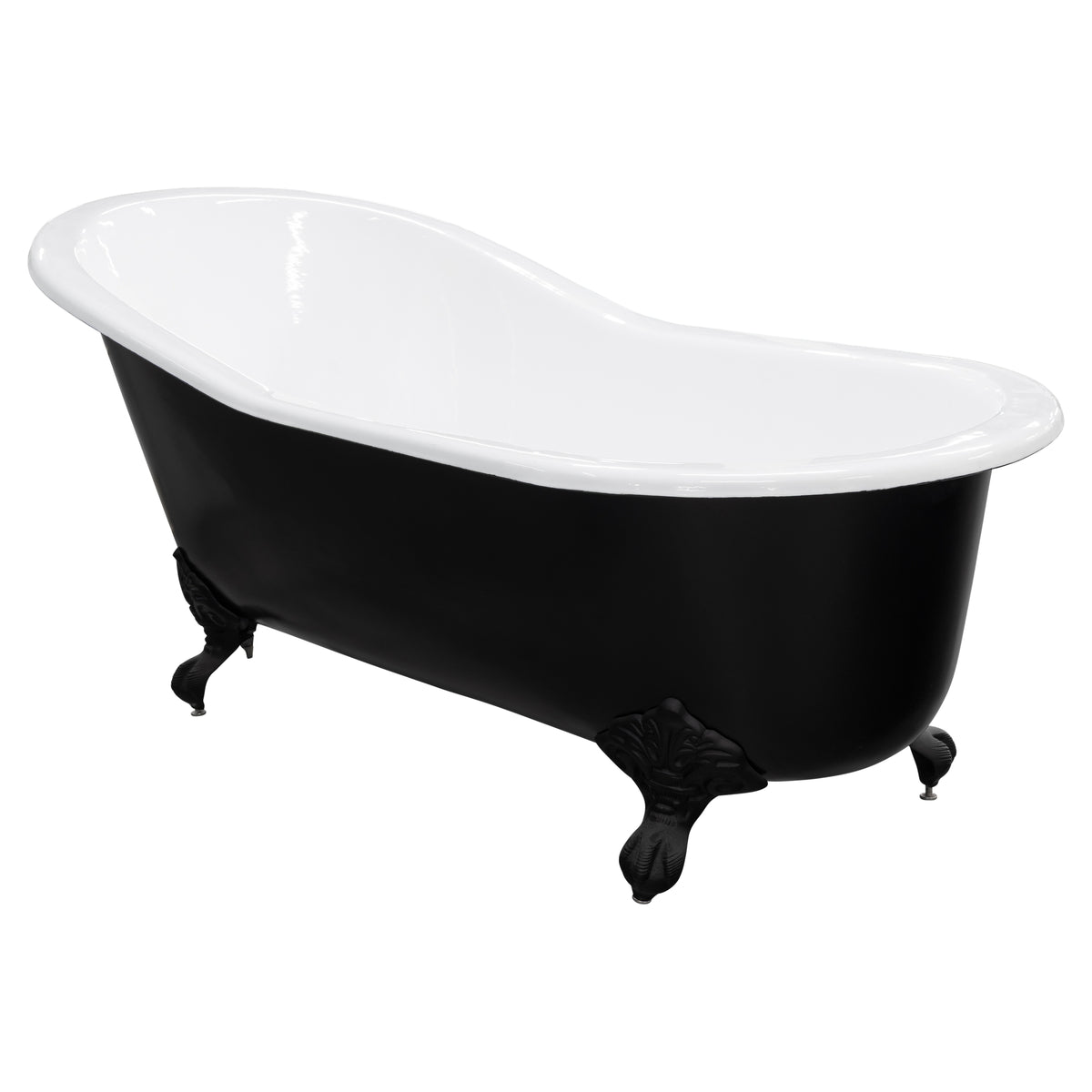 170cm Single End Slipper Cast Iron Bath w Feet, Matte Black & White