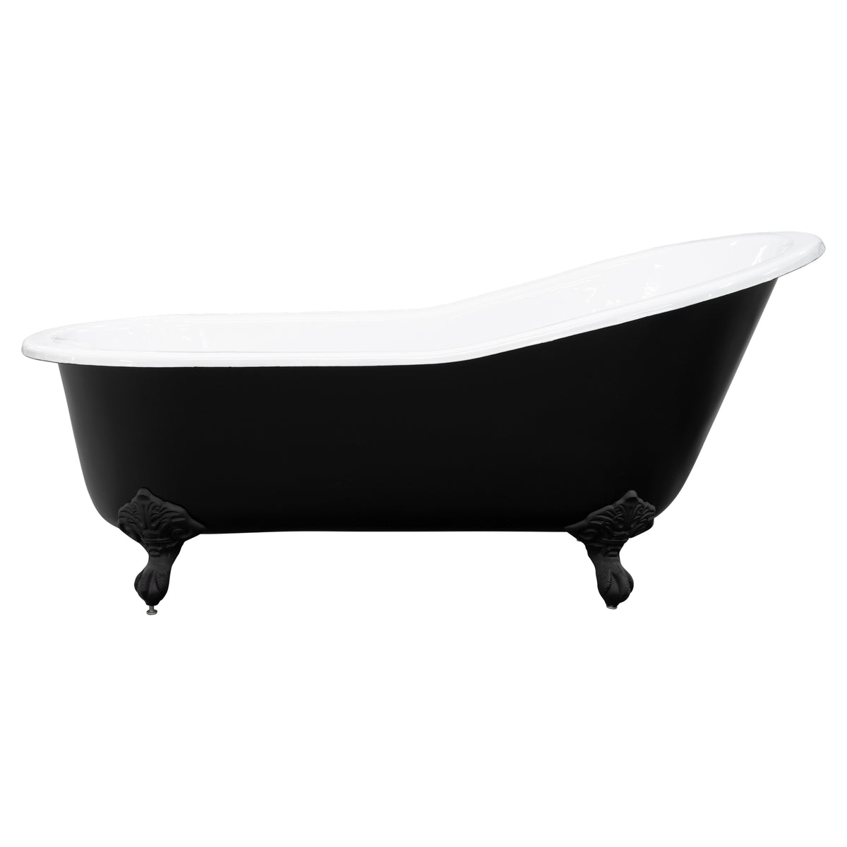 170cm Single End Slipper Cast Iron Bath w Feet, Matte Black & White