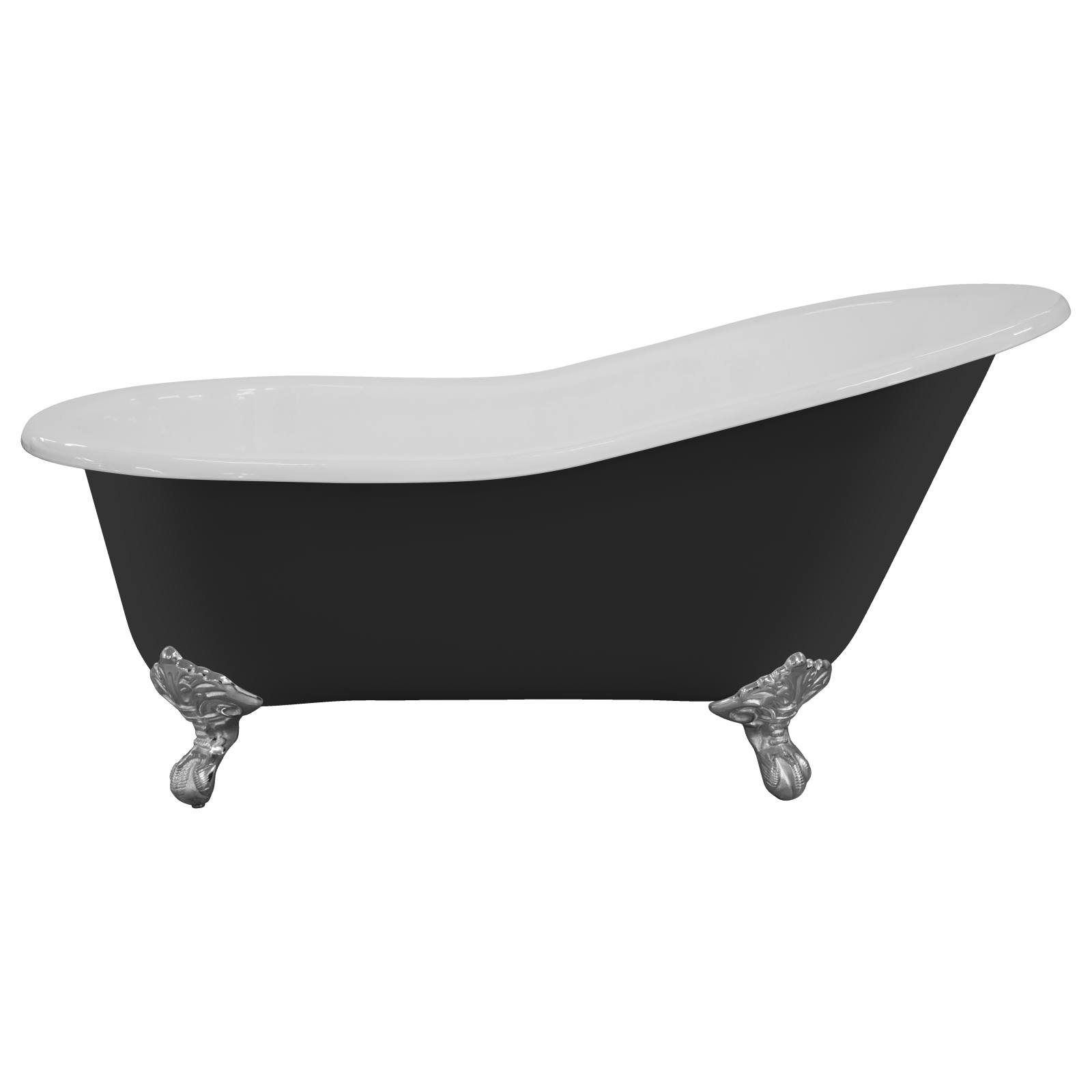 170cm Single End Slipper Cast Iron Bath with Feet, Matte Black & White