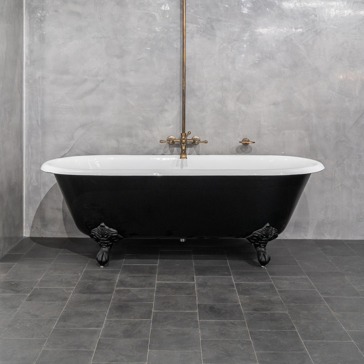 170cm Double Ended Cast Iron Bath w Feet, Matte Black & White