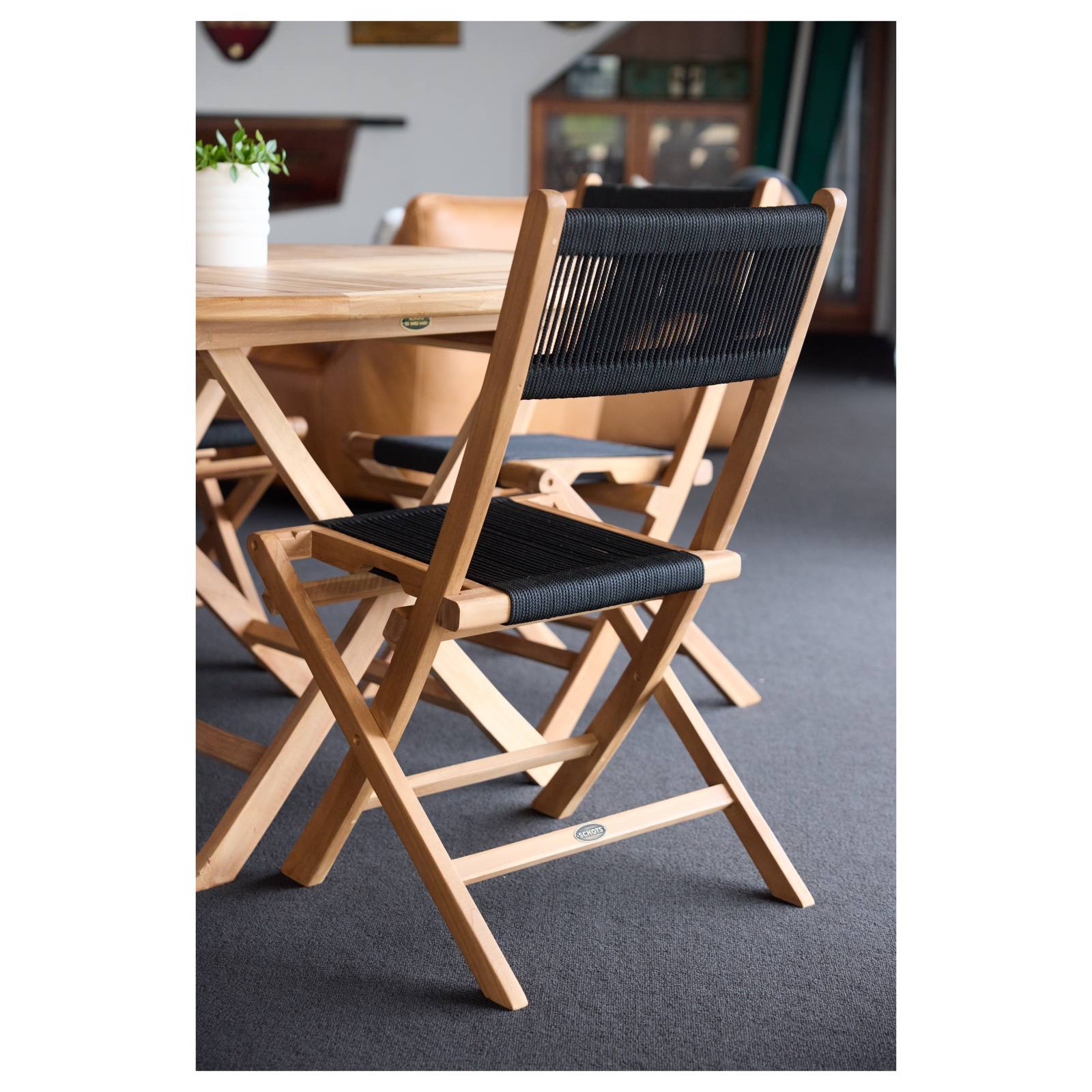 Tiki Folding Teak Chair (w/ Black Rope), Natural Sanded & Black