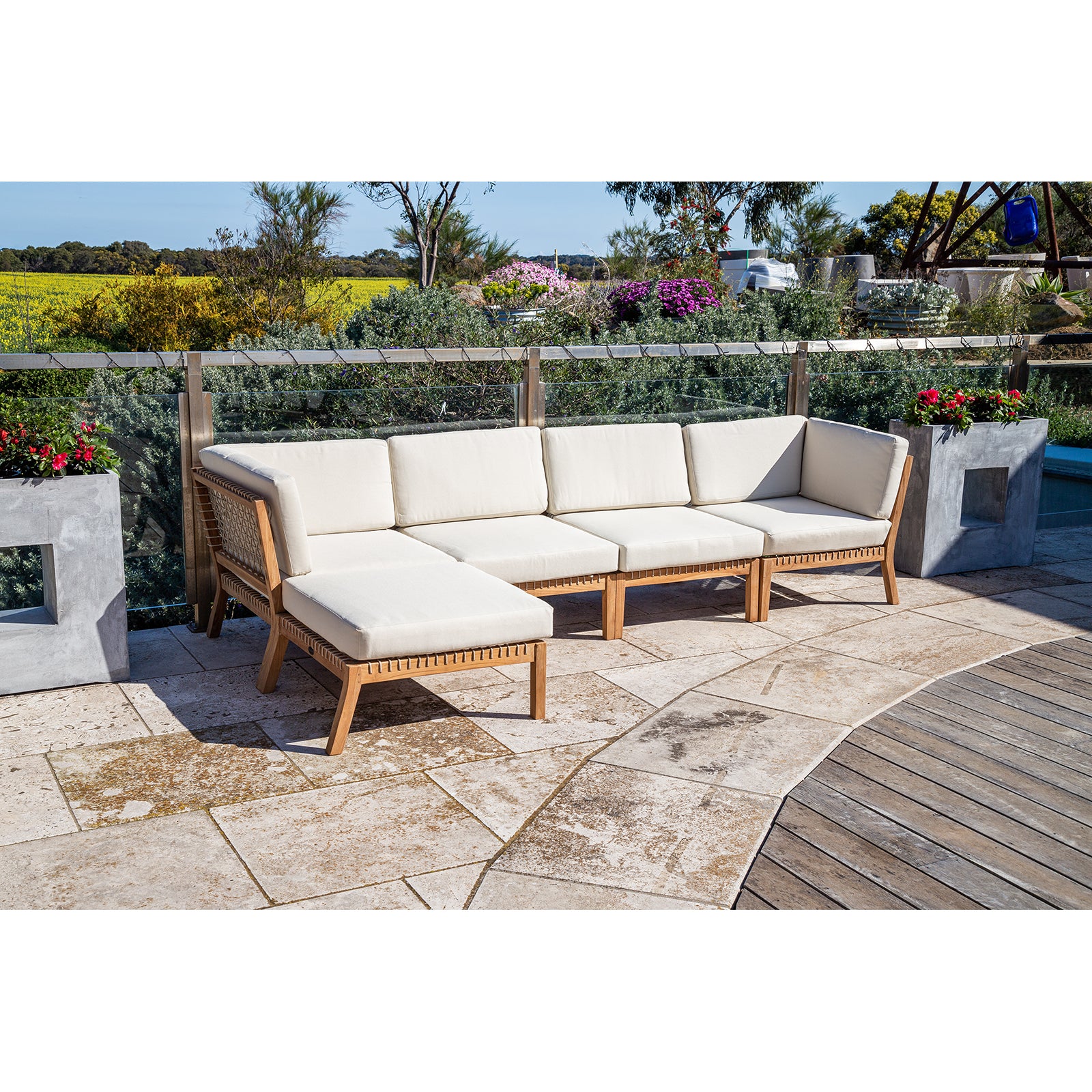Landis Teak & Olefin Footstool, Natural Sanded & Beige
