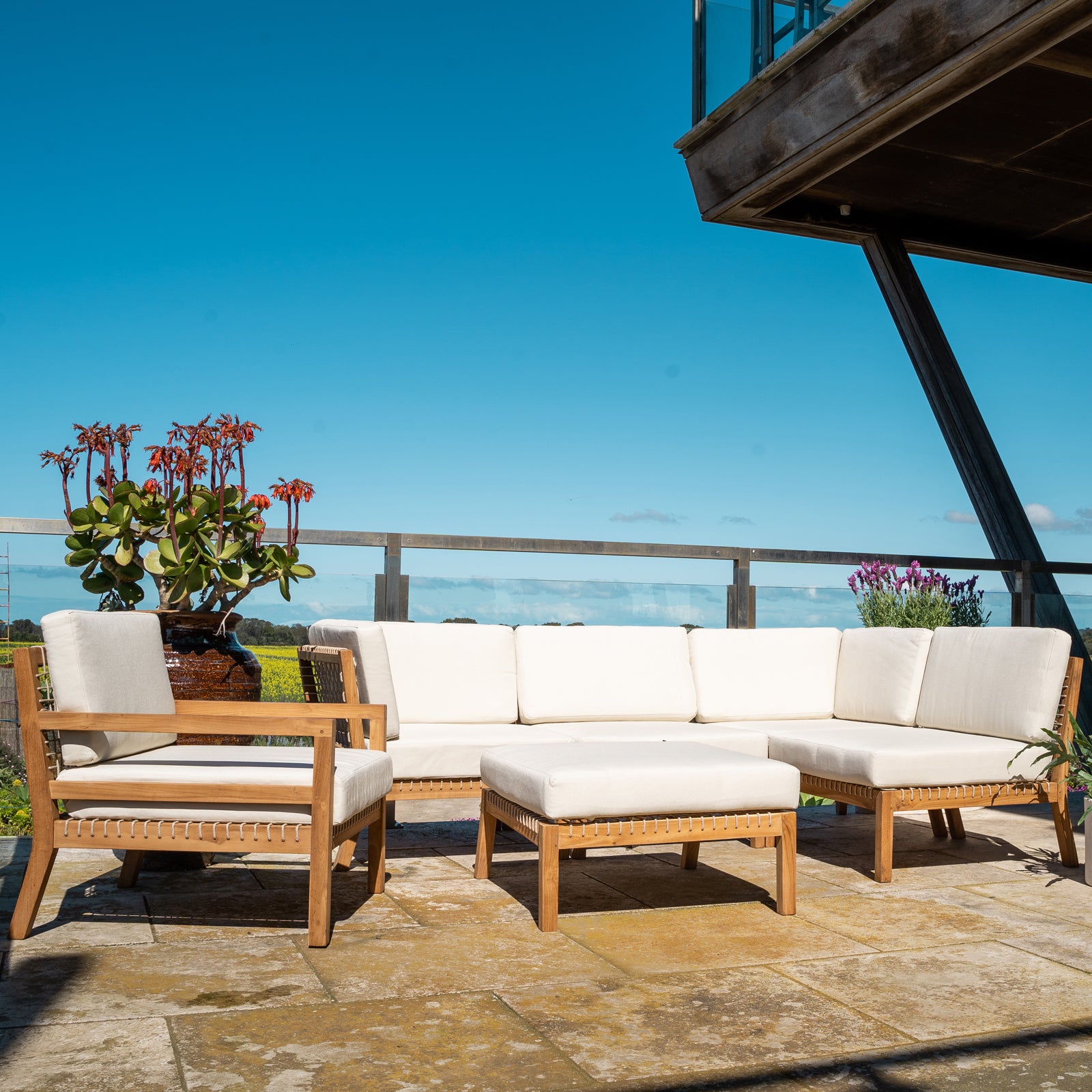 Landis Teak & Olefin Footstool, Natural Sanded & Beige