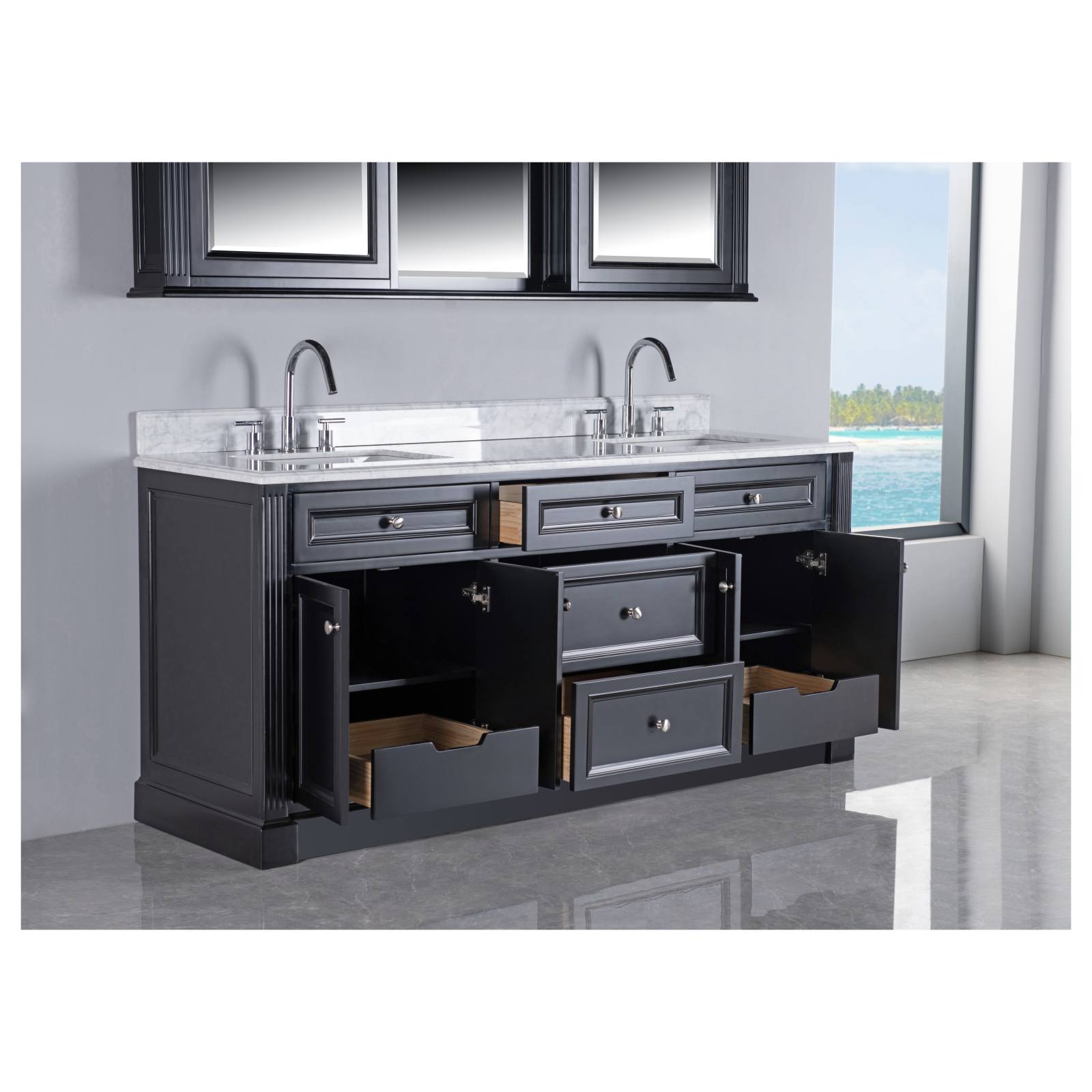 OC Classique 1800mm Marble Top Double Black Freestanding Vanity