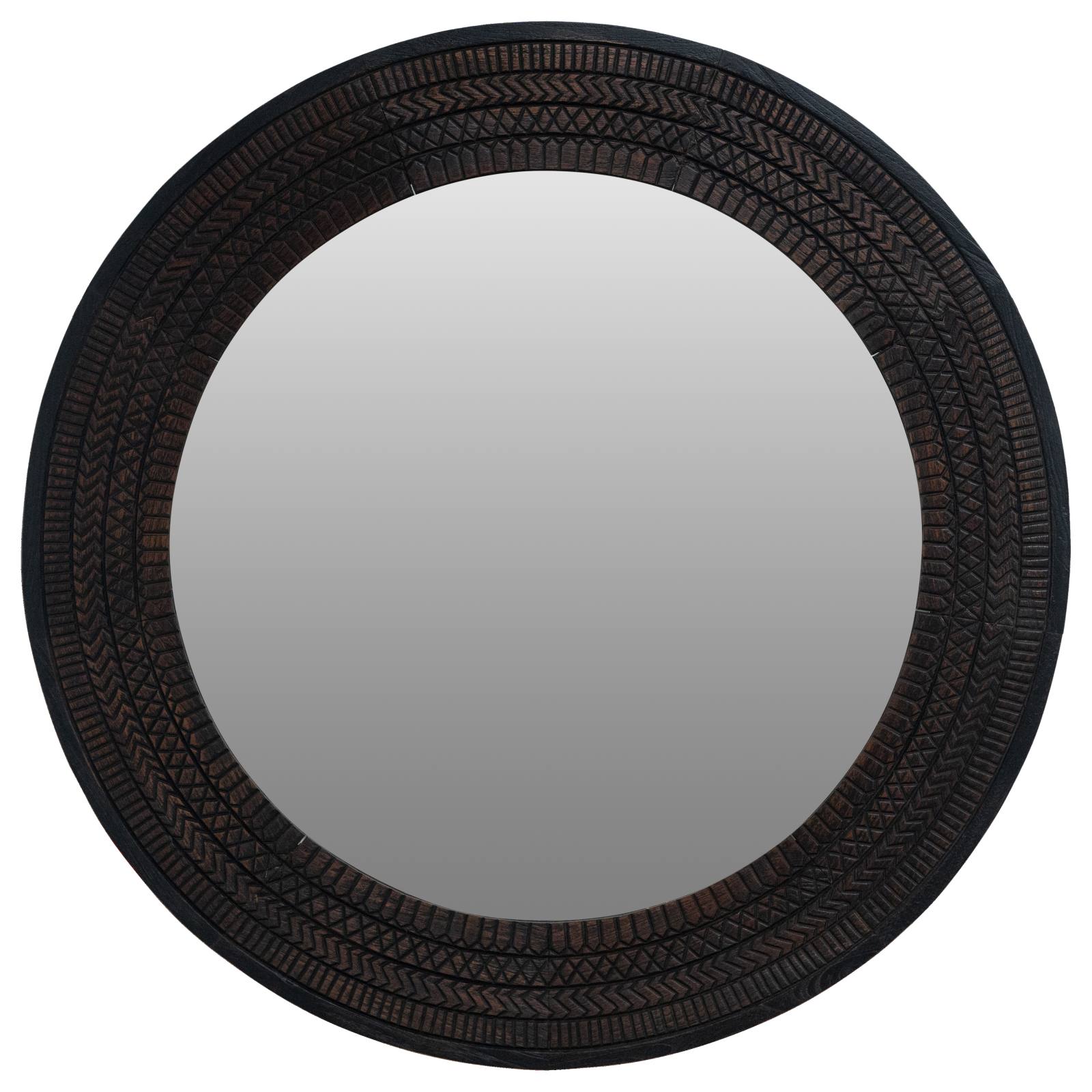 Mandala 120cm Round Reclaimed Teak Mirror, Antique Black
