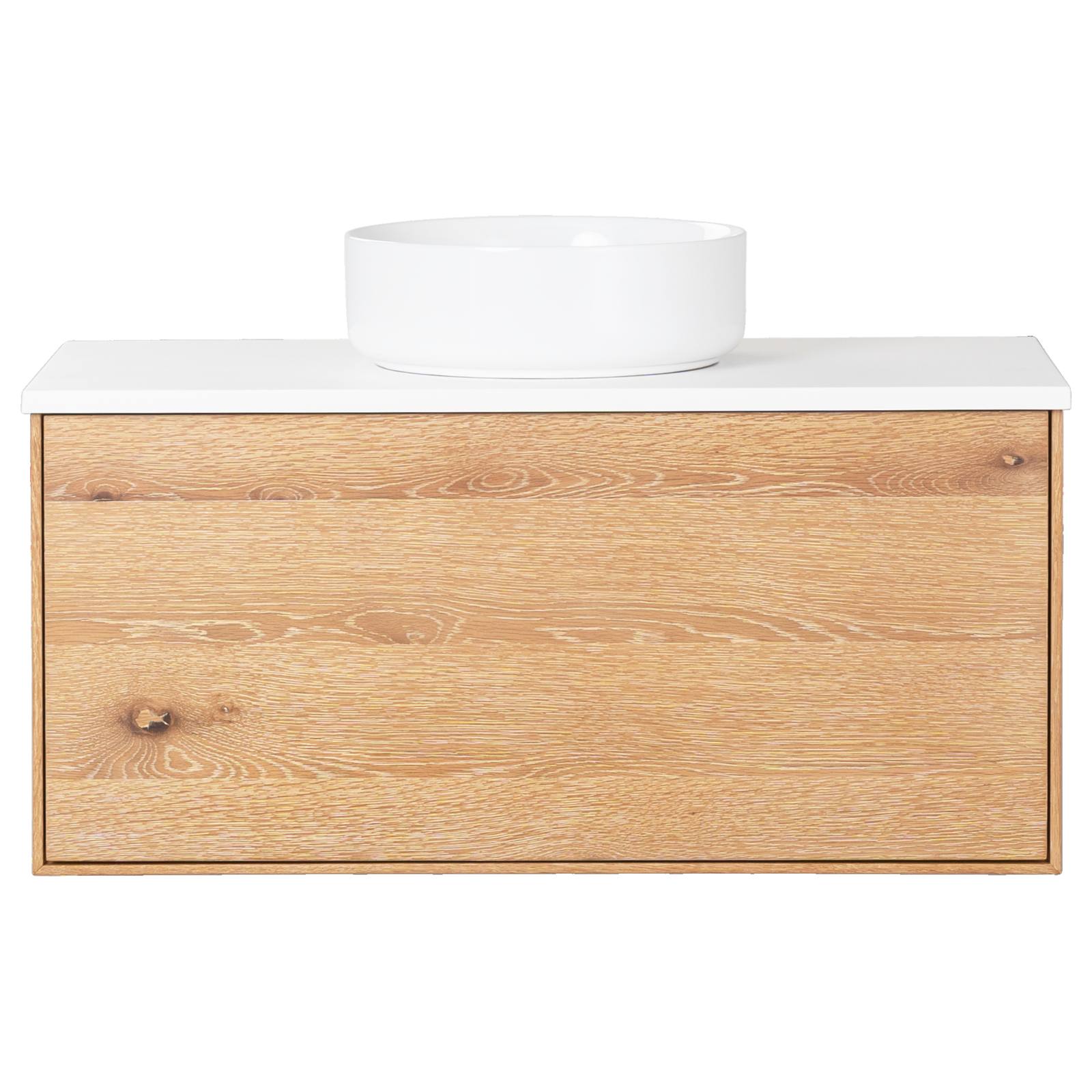 Alero 90 White Resin Top Wall Hung Vanity, Acacia Tan