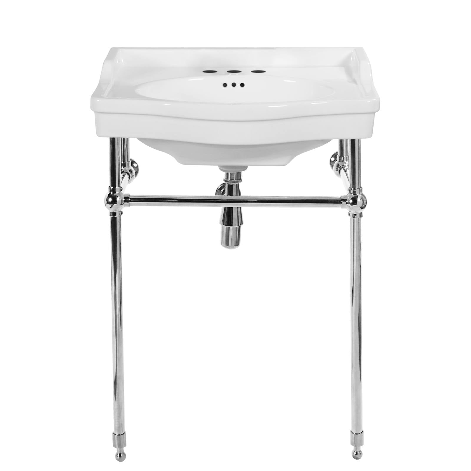 Bristol 62cm 3 Tap Hole Console Basin, White & Stainless Steel
