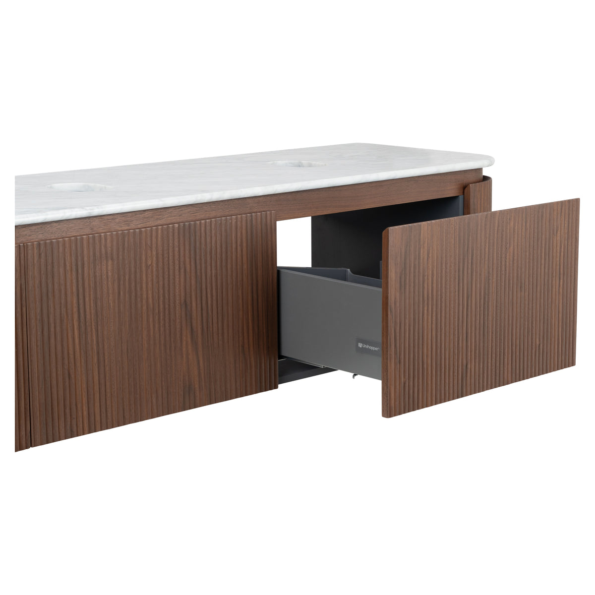 Solana 1500mm Carrara Marble Top Wall Hung Vanity, Walnut