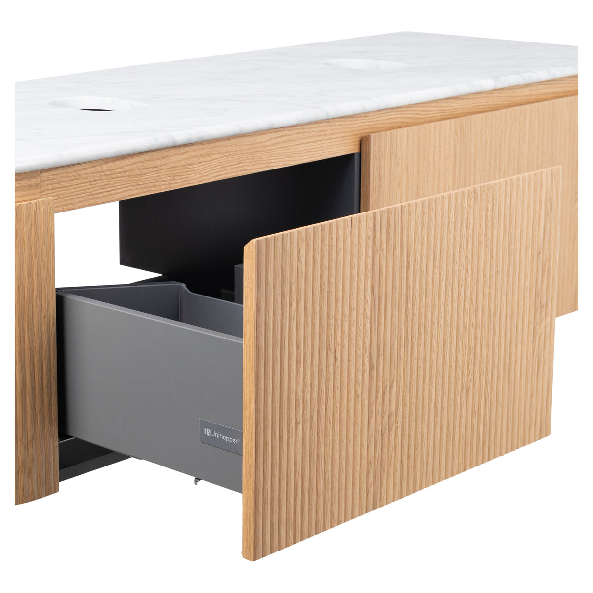 Solana 1500mm Carrara Marble Top Wall Hung Vanity, White Oak