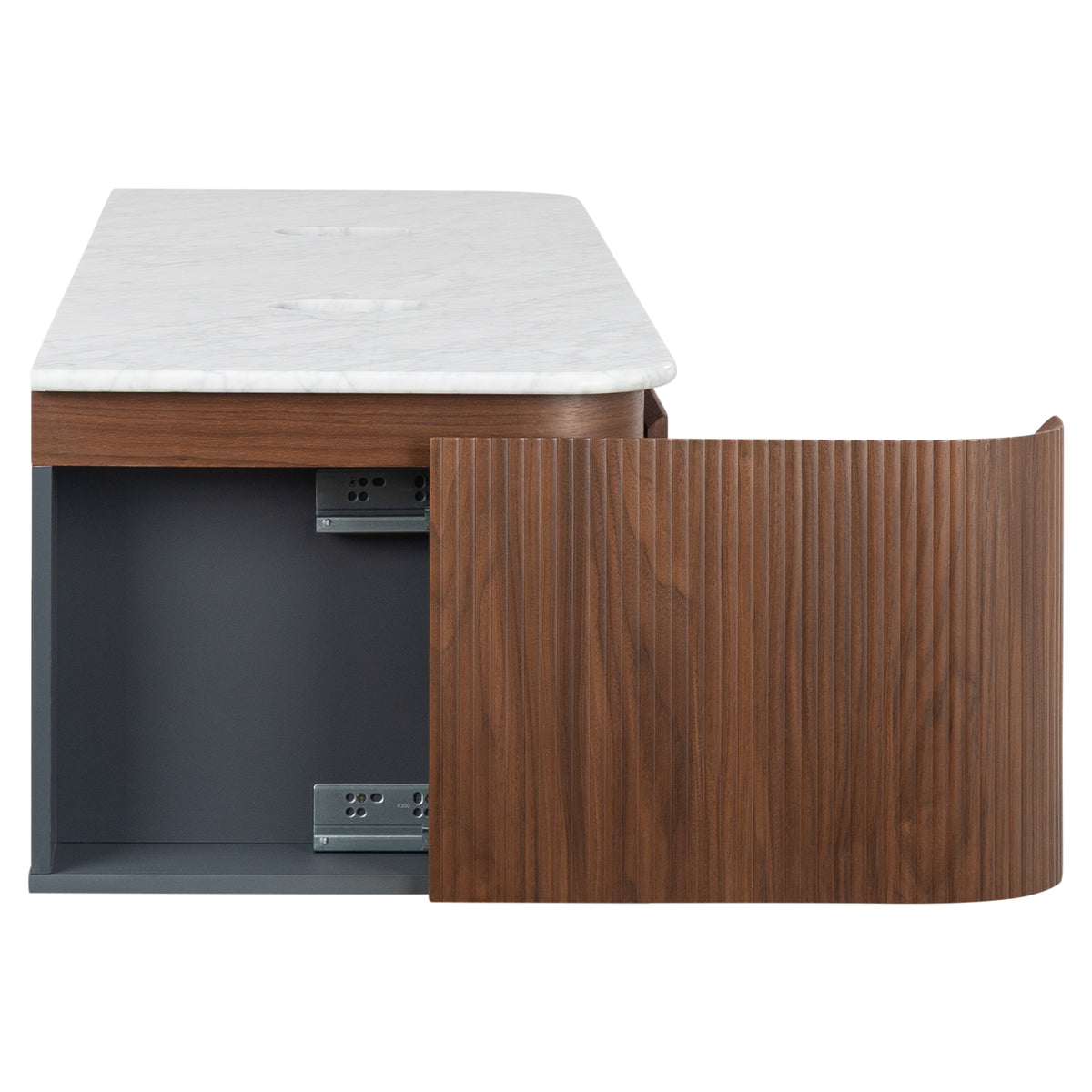 Solana 1800mm Carrara Marble Top Wall Hung Vanity, Walnut