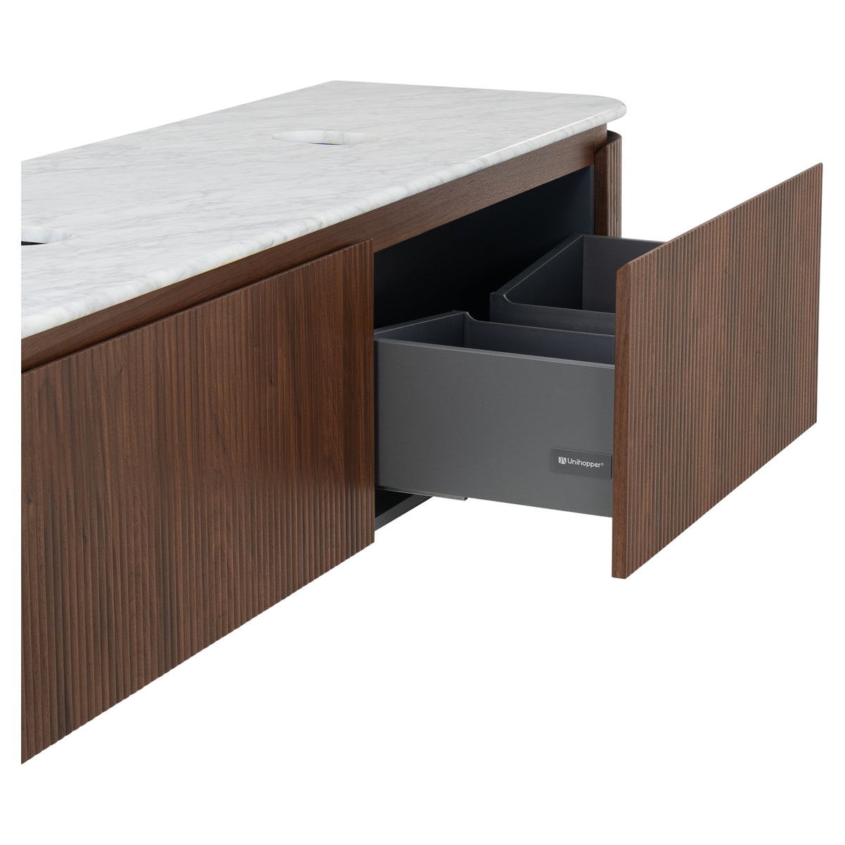 Solana 1800mm Carrara Marble Top Wall Hung Vanity, Walnut