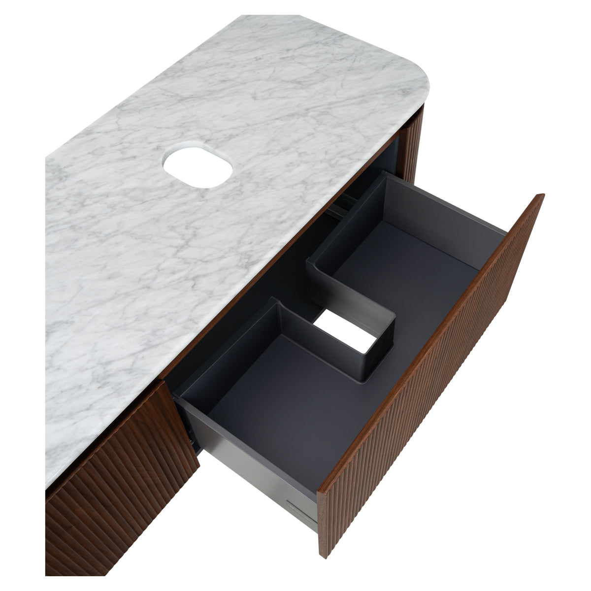 Solana 1800mm Carrara Marble Top Wall Hung Vanity, Walnut
