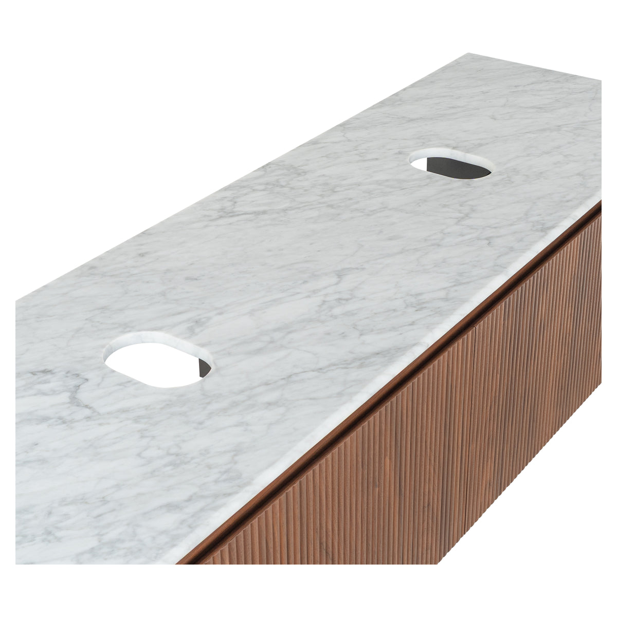 Solana 1800mm Carrara Marble Top Wall Hung Vanity, Walnut