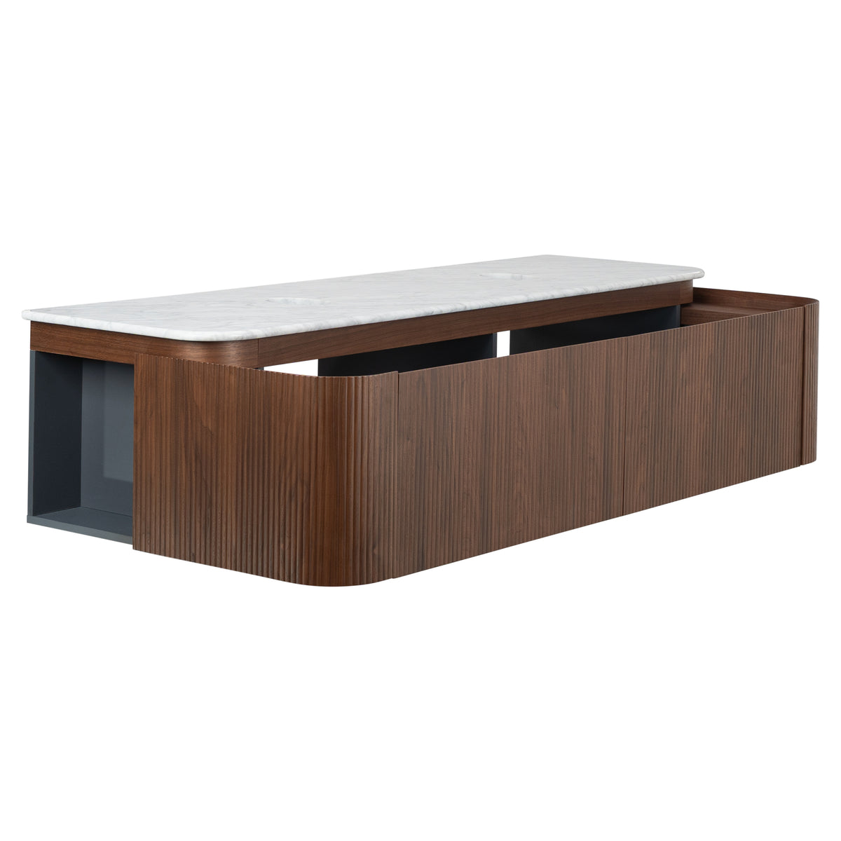 Solana 1800mm Carrara Marble Top Wall Hung Vanity, Walnut