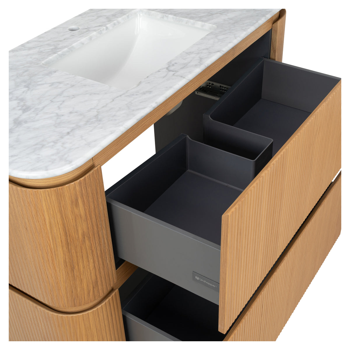 Solana 1200mm Carrara Marble Top Freestanding Vanity, White Oak