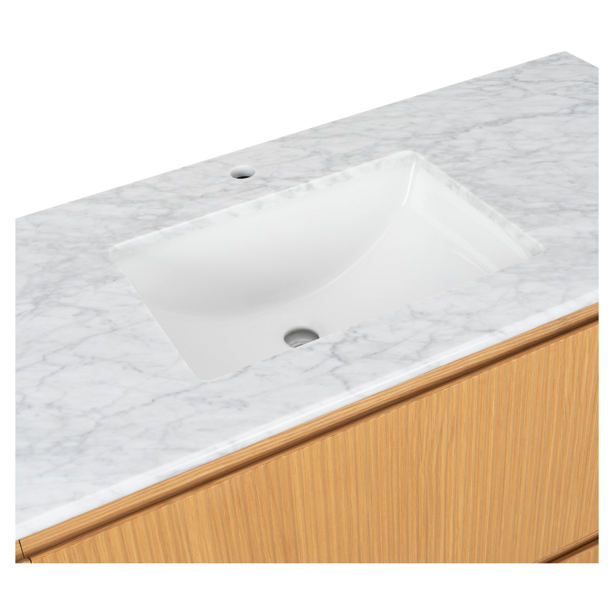 Solana 1200mm Carrara Marble Top Freestanding Vanity, White Oak