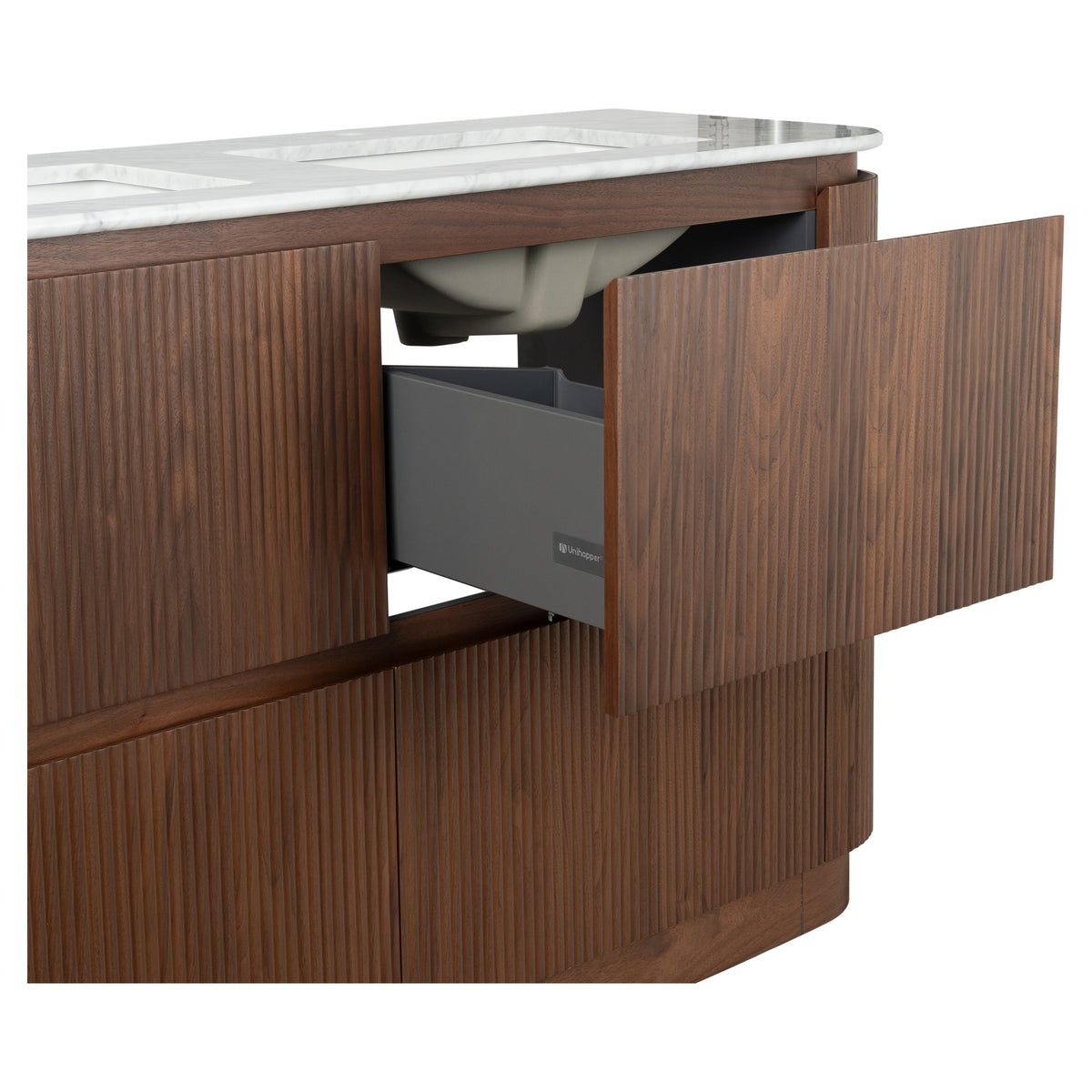 Solana 1500mm Carrara Marble Top Freestanding Vanity, Walnut