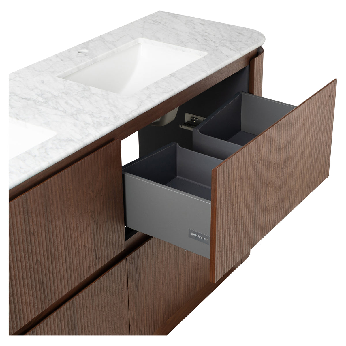 Solana 1800mm Carrara Marble Top Freestanding Vanity, Walnut