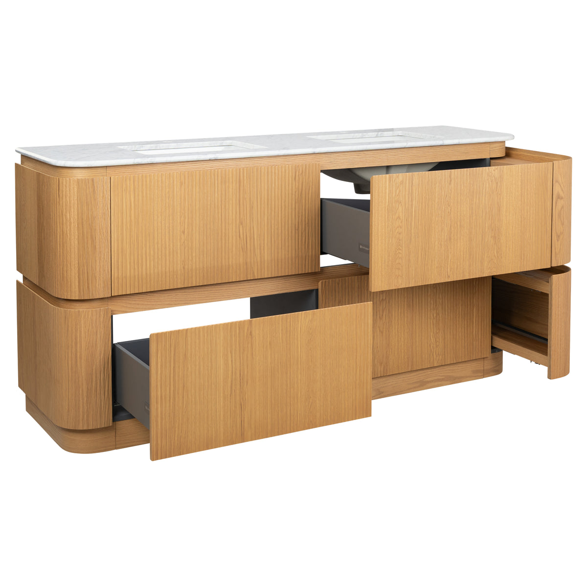 Solana 1800mm Carrara Marble Top Freestanding Vanity, White Oak