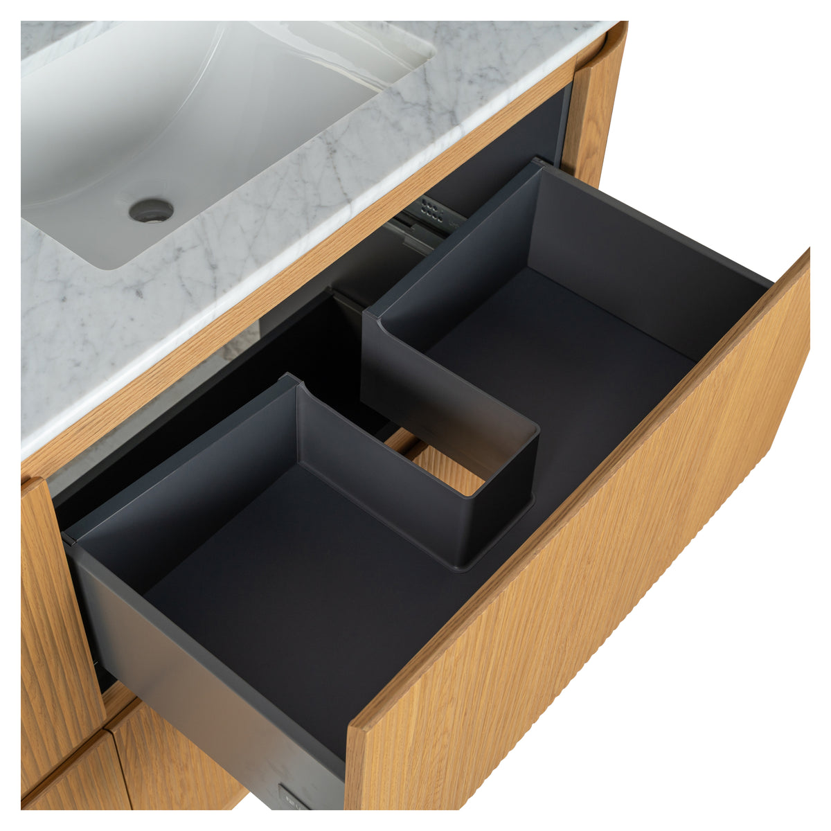 Solana 1800mm Carrara Marble Top Freestanding Vanity, White Oak