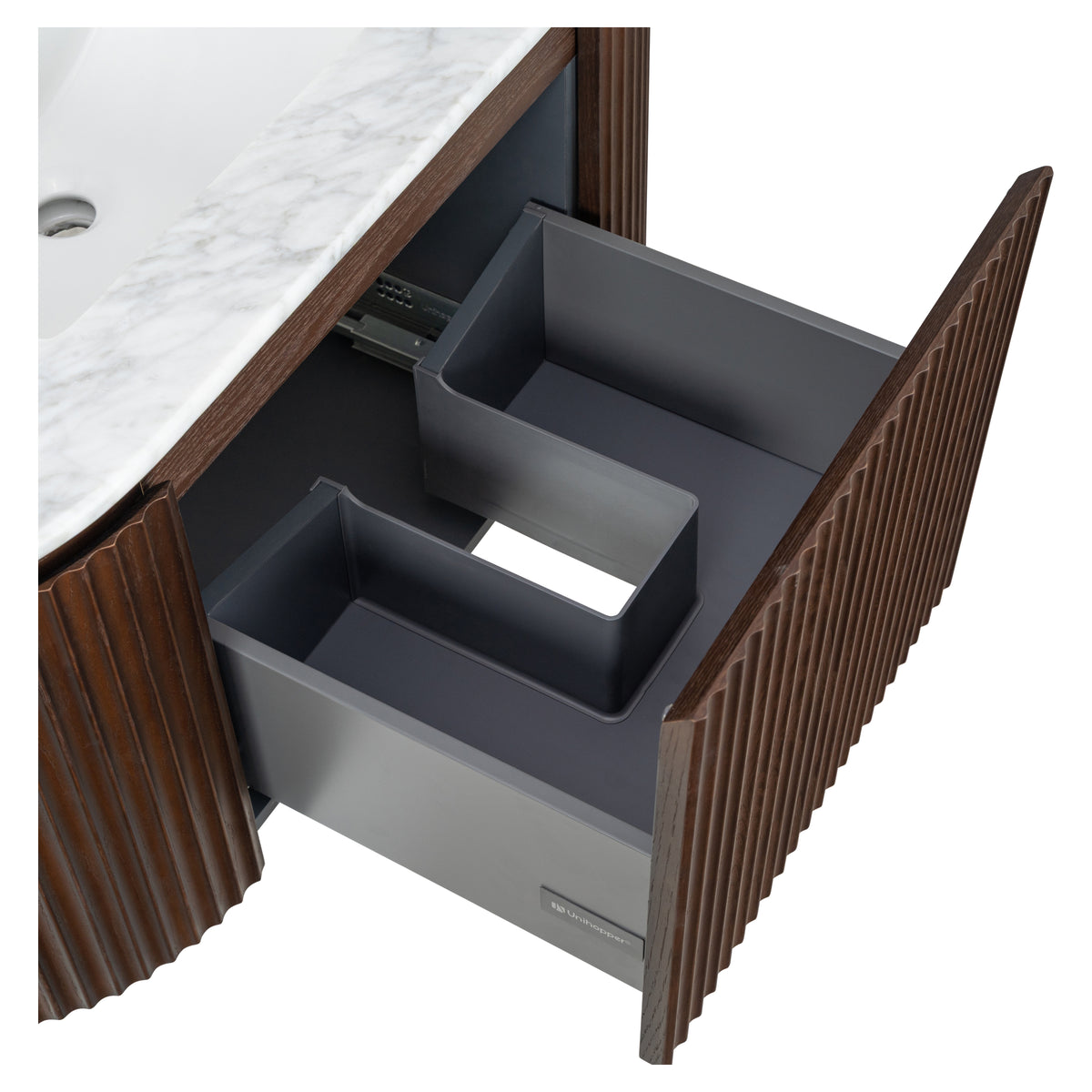 Cadence 1000mm Carrara Marble Top Wall Hung Vanity, Walnut