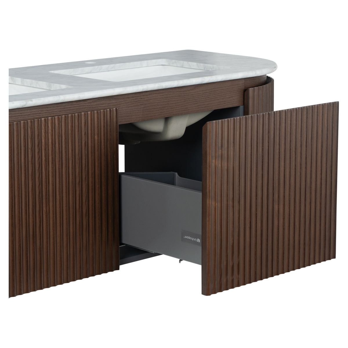 Cadence 1500mm Carrara Marble Top Wall Hung Vanity, Walnut