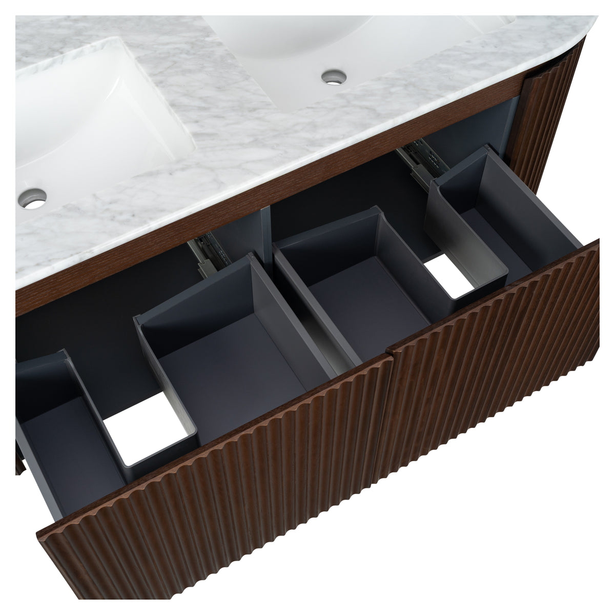 Cadence 1500mm Carrara Marble Top Wall Hung Vanity, Walnut