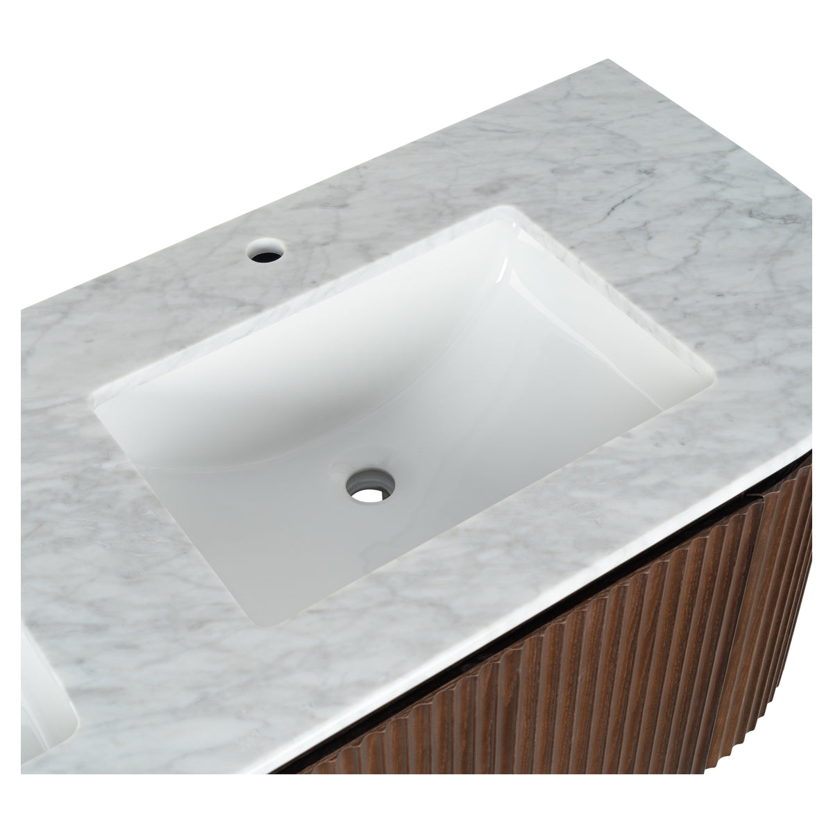 Cadence 1500mm Carrara Marble Top Wall Hung Vanity, Walnut